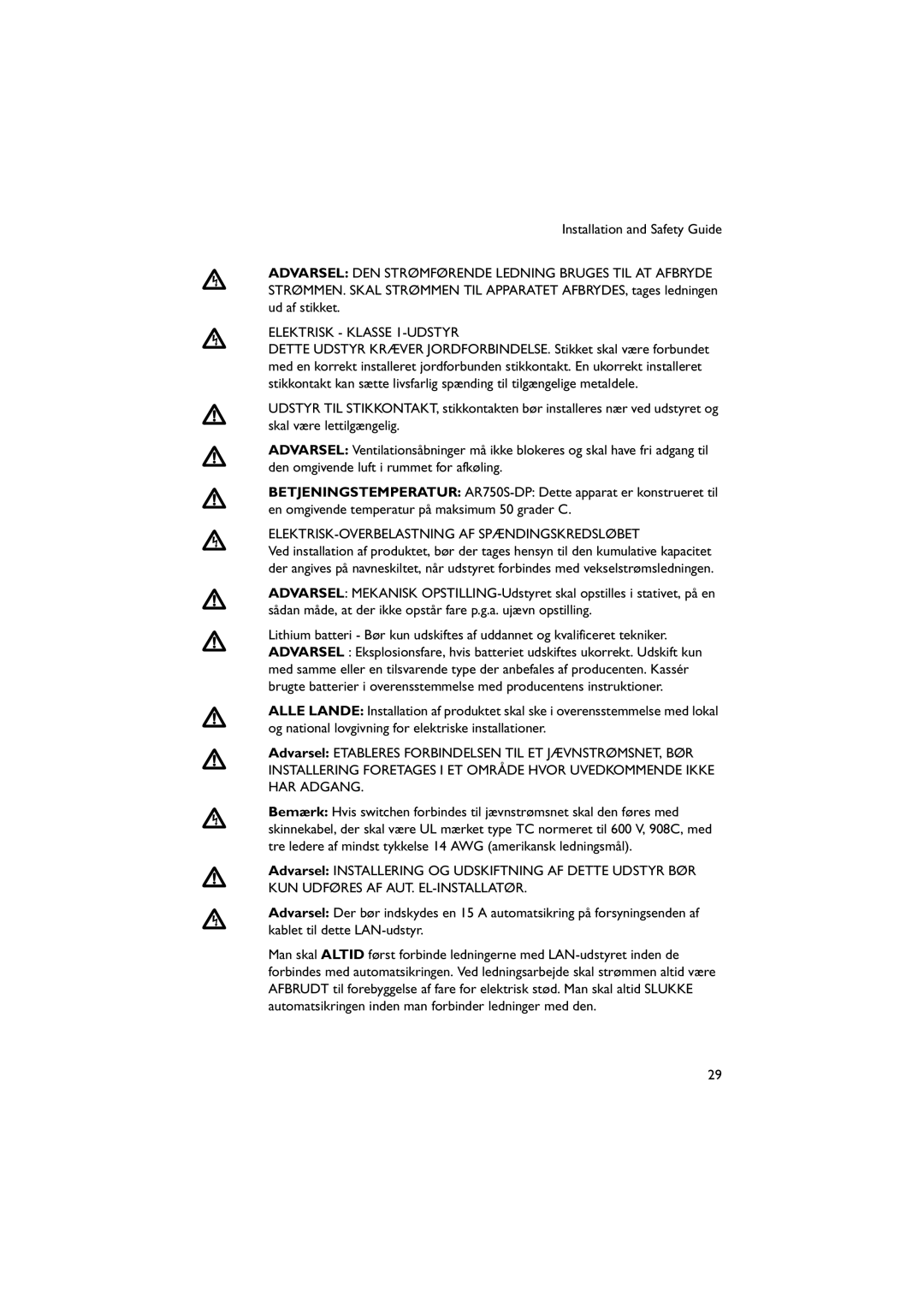 Allied Telesis AR750S-DP, AT-PWR03 manual Elektrisk Klasse 1-UDSTYR, ELEKTRISK-OVERBELASTNING AF Spændingskredsløbet 