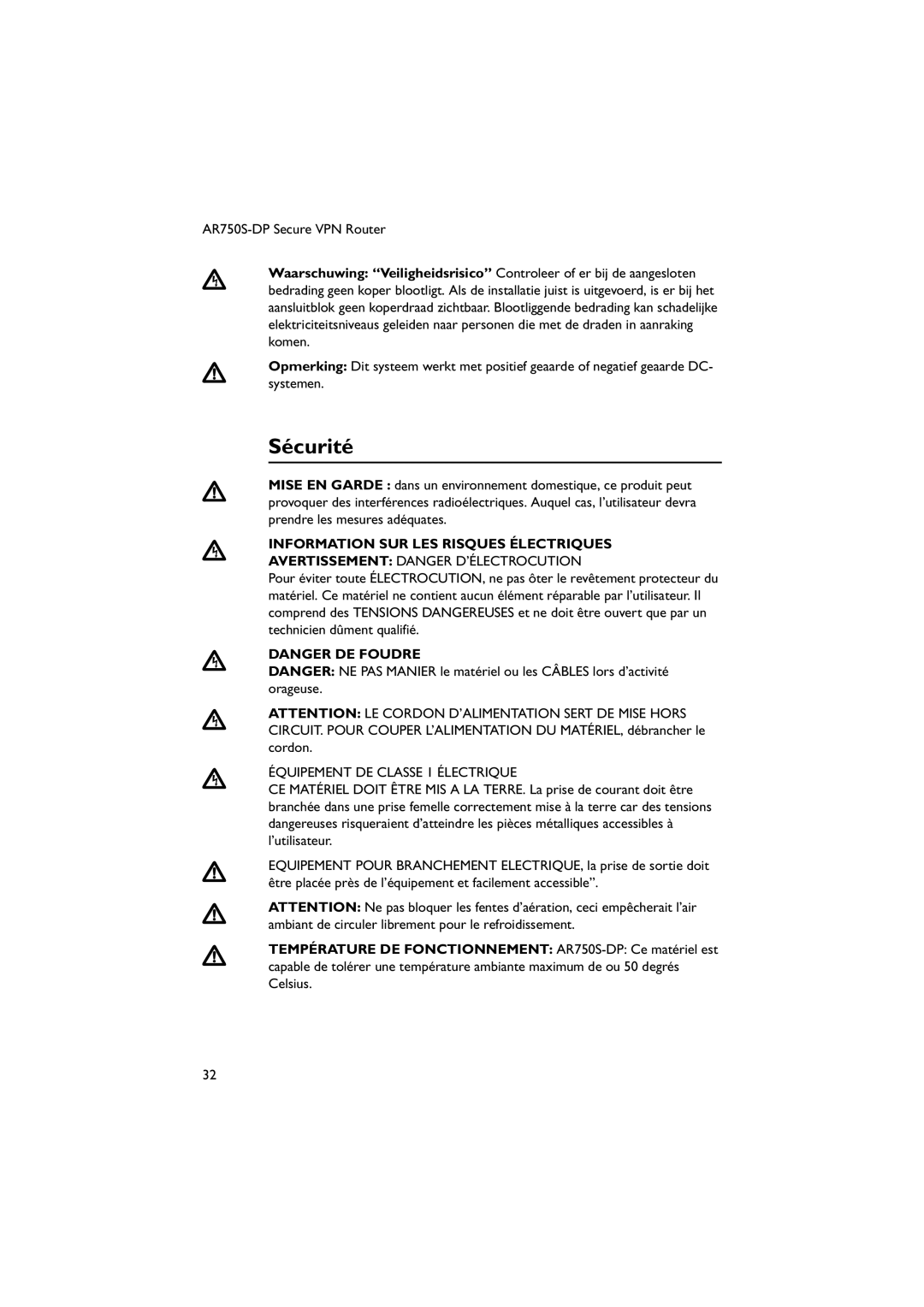 Allied Telesis AT-PWR03, AR750S-DP Sécurité, Information SUR LES Risques Électriques, Avertissement Danger D’ÉLECTROCUTION 