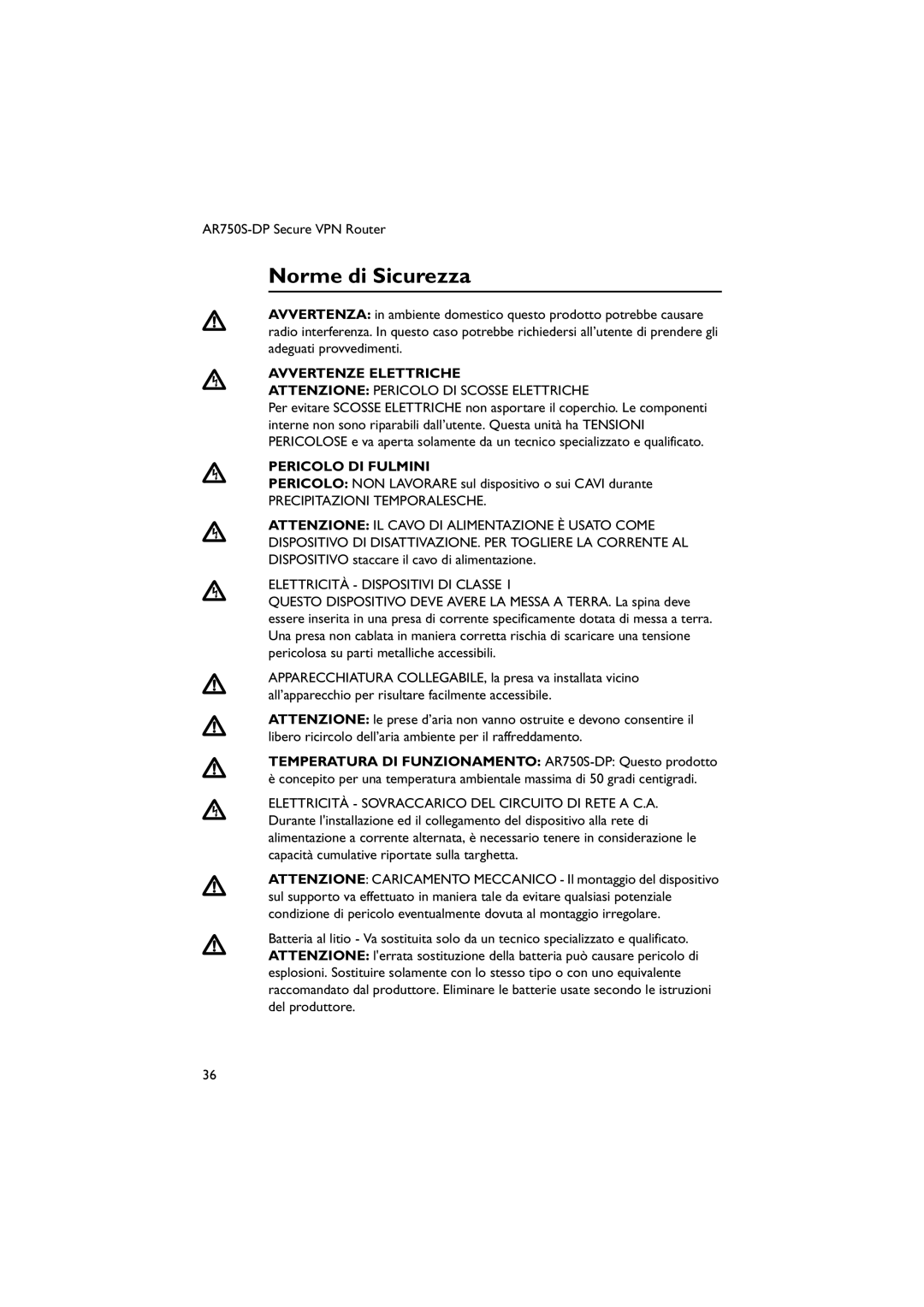 Allied Telesis AT-PWR03, AR750S-DP manual Norme di Sicurezza, Avvertenze Elettriche, Pericolo DI Fulmini 