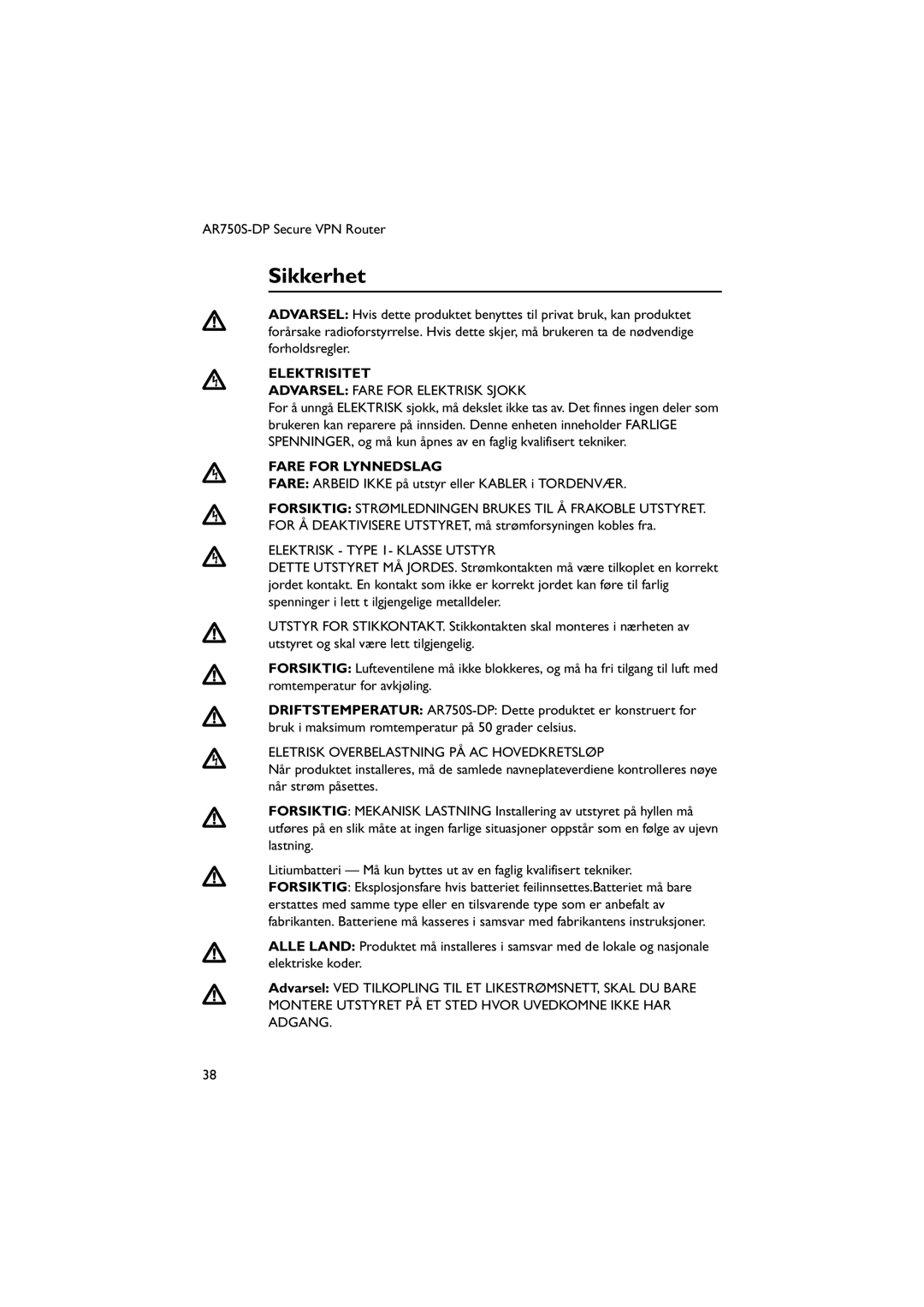 Allied Telesis AT-PWR03, AR750S-DP manual Sikkerhet, Elektrisitet, Fare for Lynnedslag, Elektrisk Type 1- Klasse Utstyr 