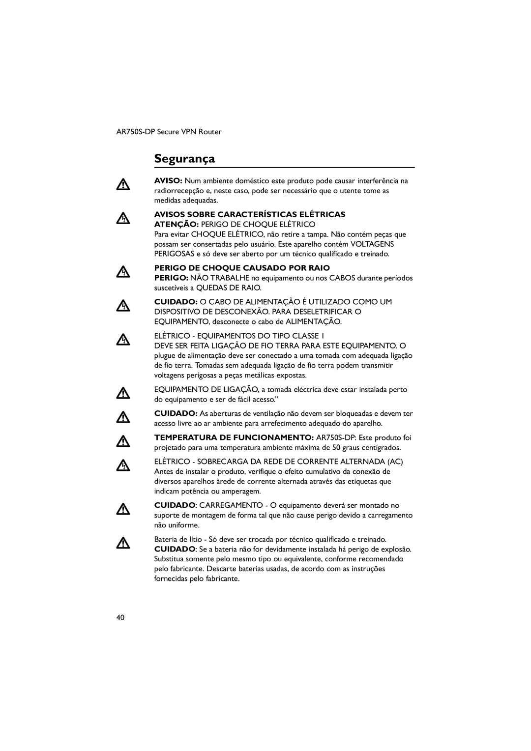 Allied Telesis AT-PWR03, AR750S-DP Segurança, Avisos Sobre Características Elétricas, Atenção Perigo DE Choque Elétrico 