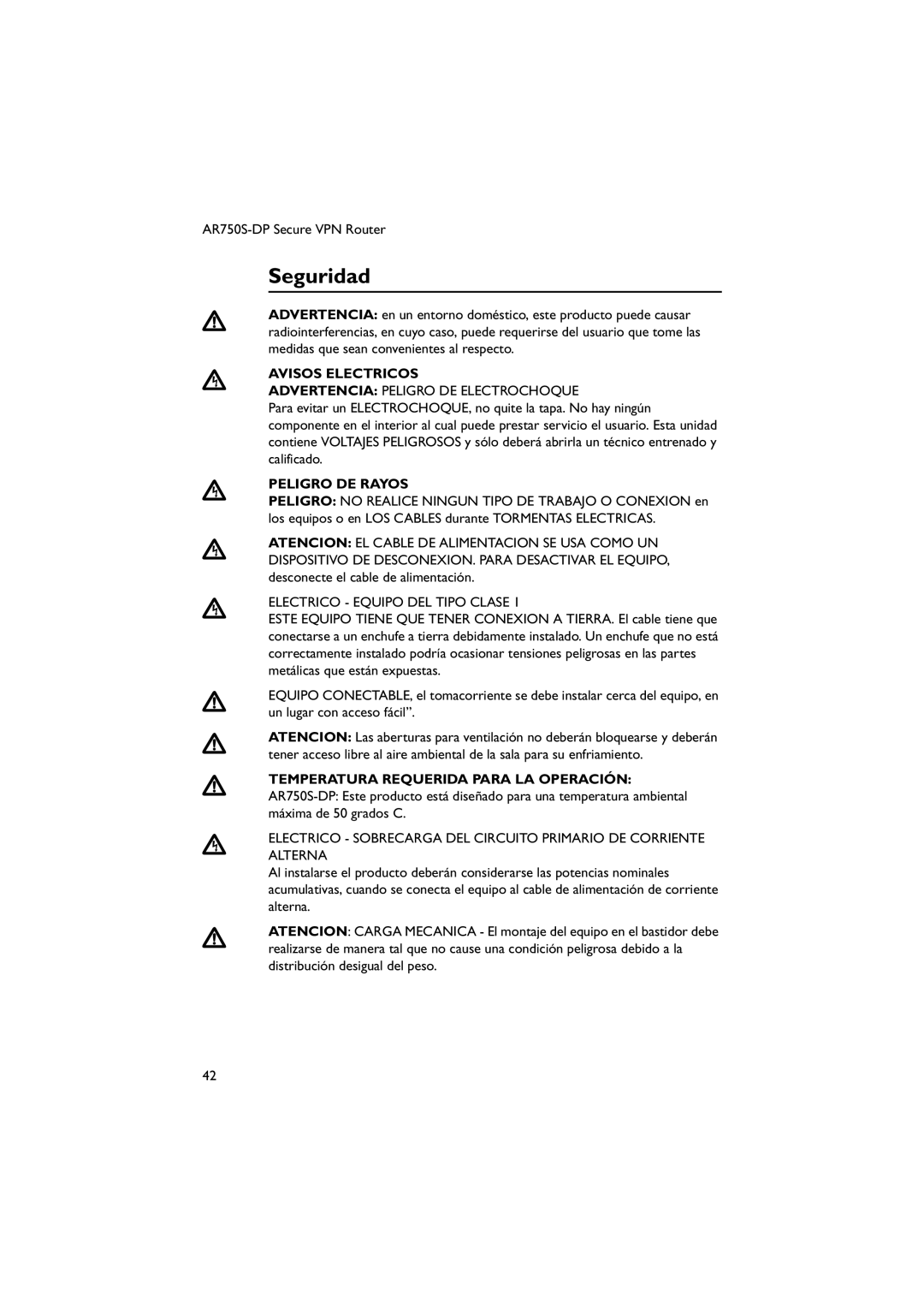 Allied Telesis AT-PWR03, AR750S-DP Seguridad, Avisos Electricos, Peligro DE Rayos, Temperatura Requerida Para LA Operación 