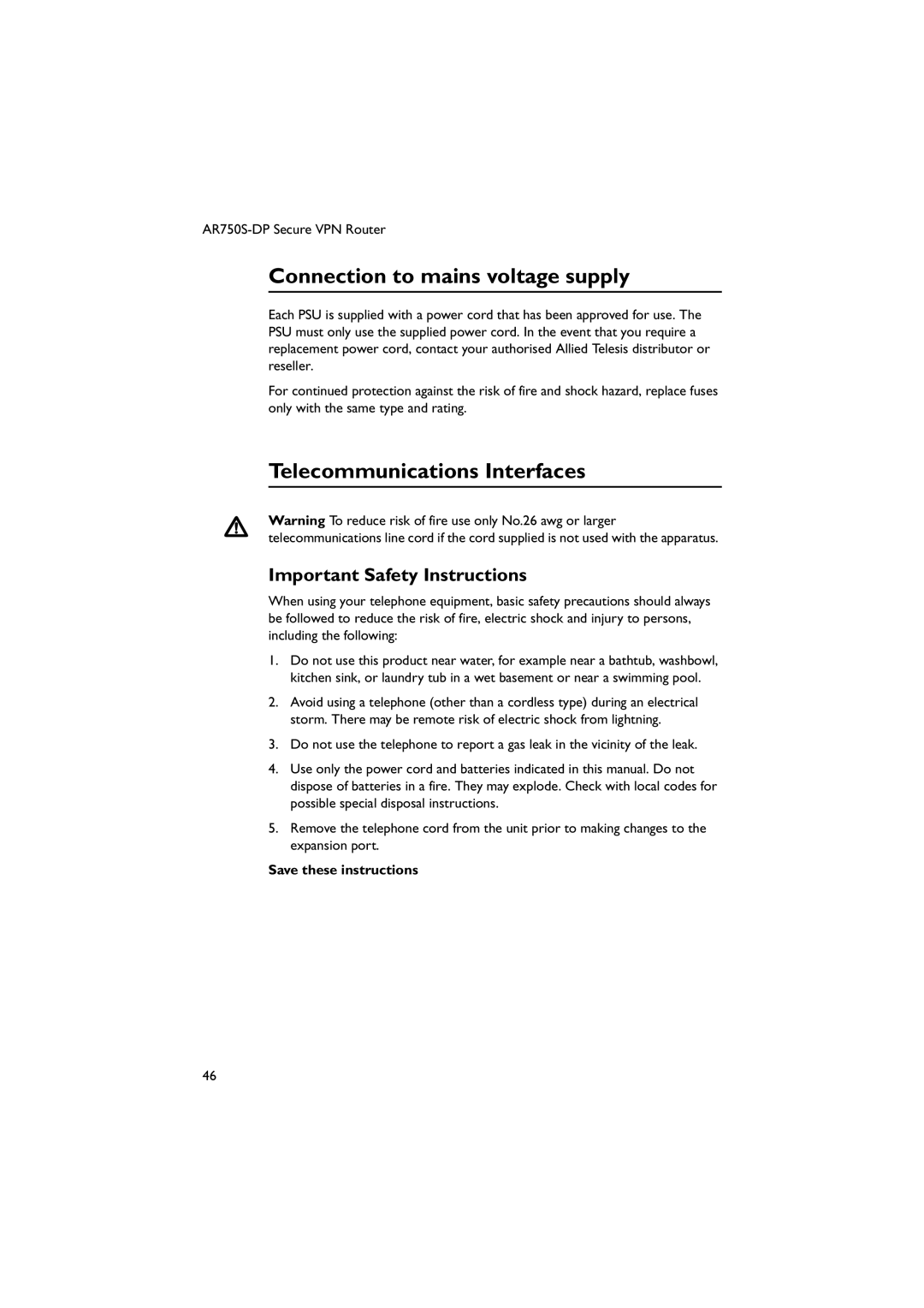 Allied Telesis AT-PWR03 Connection to mains voltage supply, Telecommunications Interfaces, Important Safety Instructions 