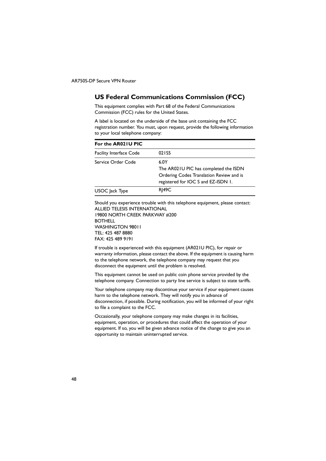 Allied Telesis AT-PWR03, AR750S-DP manual US Federal Communications Commission FCC, For the AR021U PIC, RJ49C 