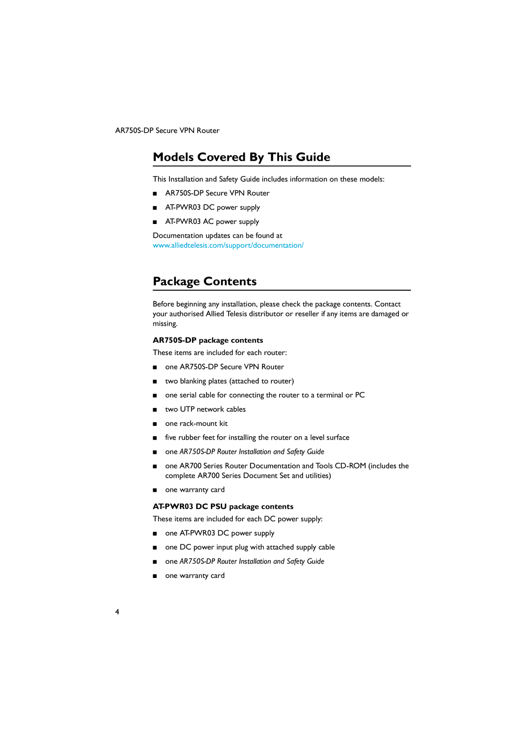 Allied Telesis AT-PWR03, AR750S-DP manual Models Covered By This Guide, Package Contents 