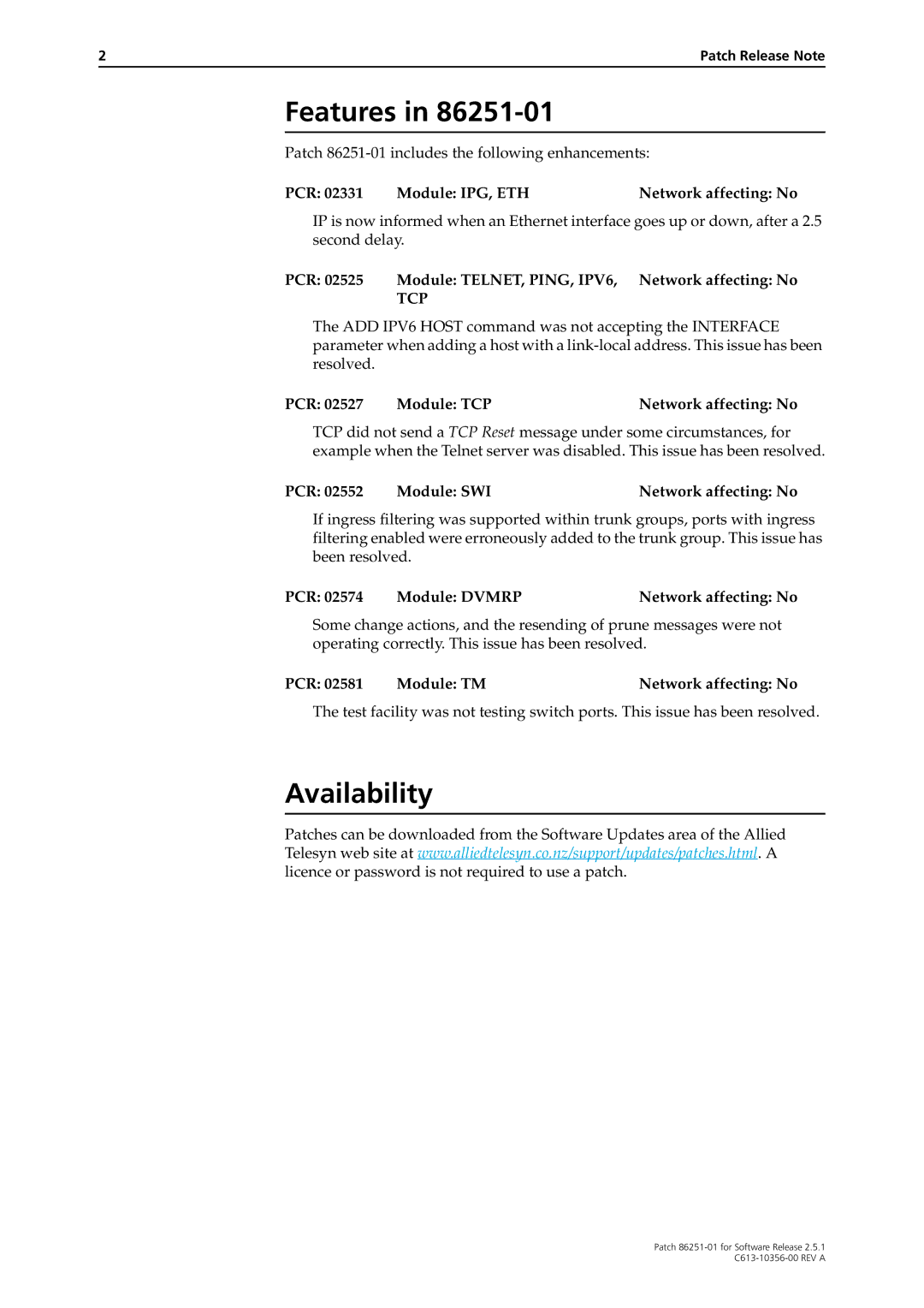 Allied Telesis AR800 Series manual Features, Availability, Tcp 