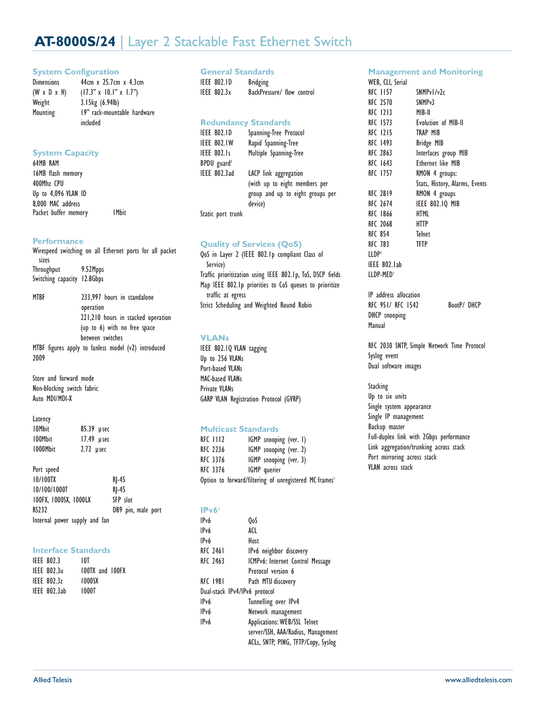 Allied Telesis AT -8000S/24 System Configuration, System Capacity, Performance, Interface Standards, General Standards 