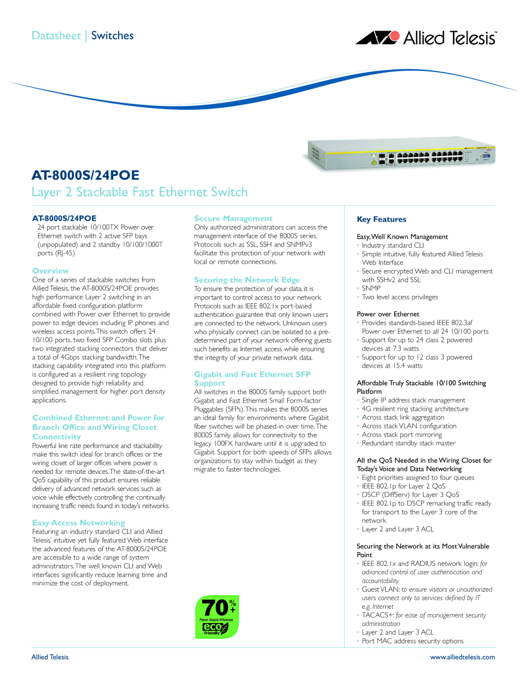 Allied Telesis AT -8000S/24POE manual Overview, Easy Access Networking, Secure Management, Securing the Network Edge 