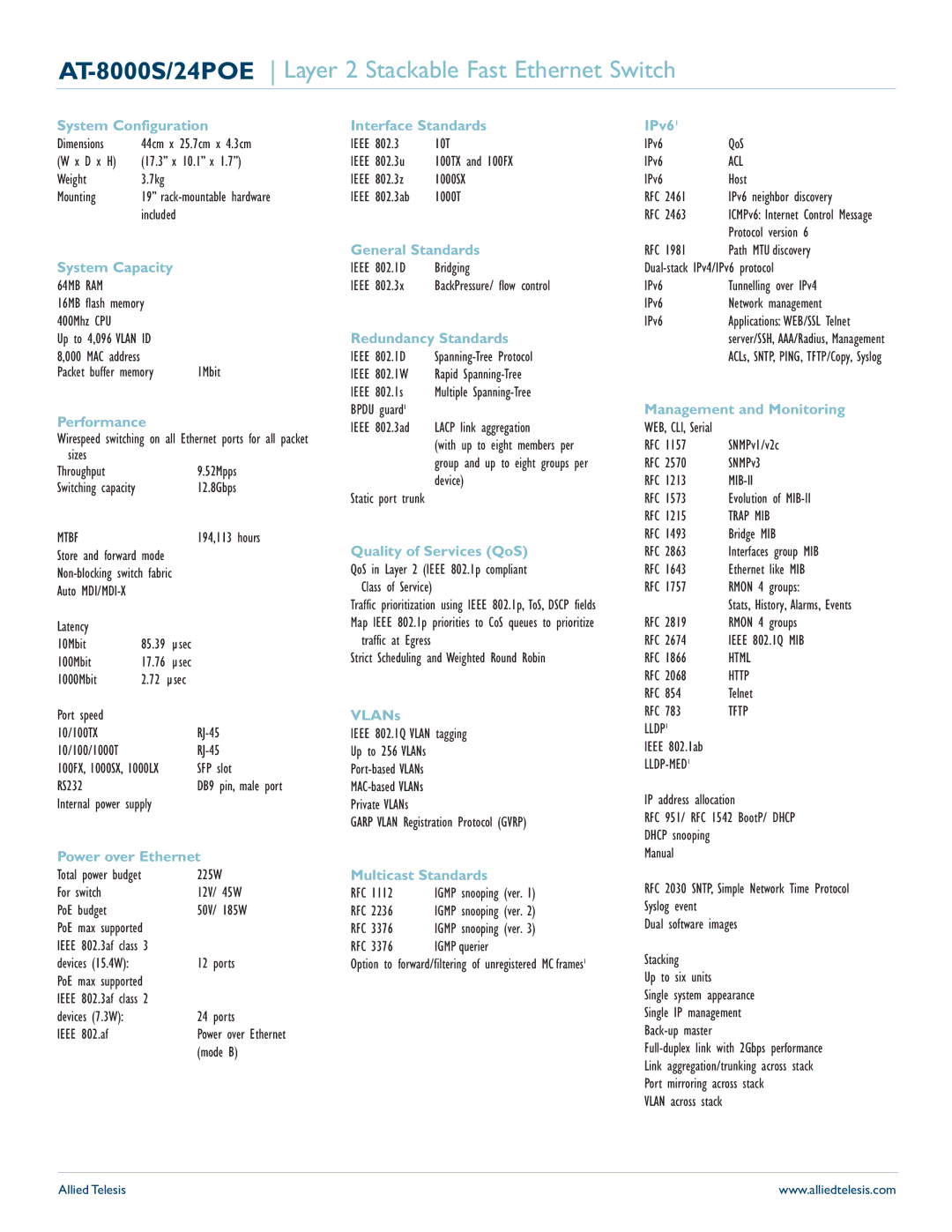 Allied Telesis AT -8000S/24POE System Configuration, System Capacity, Performance, Power over Ethernet, General Standards 