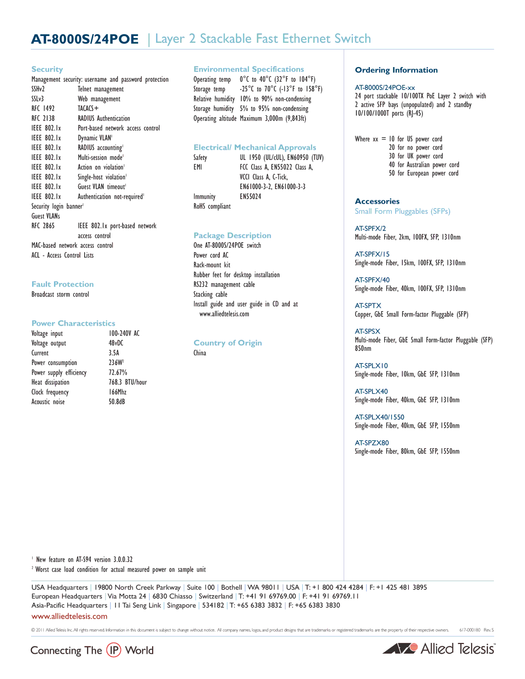 Allied Telesis AT -8000S/24POE Security Environmental Specifications, Electrical/ Mechanical Approvals, Fault Protection 