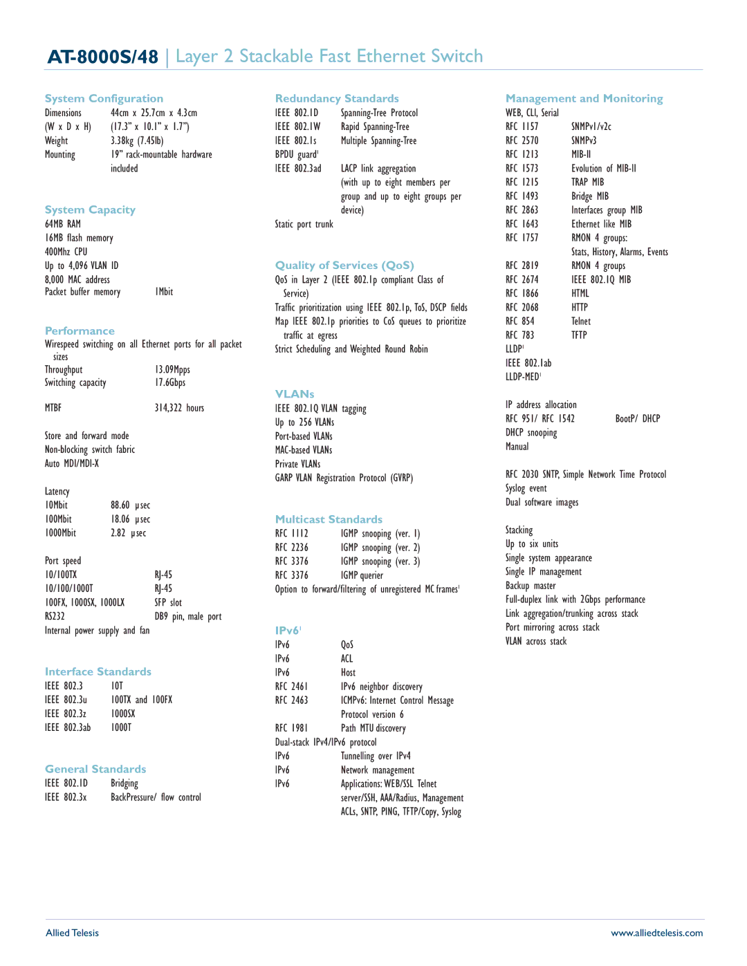 Allied Telesis AT -8000S/48 System Configuration, System Capacity, Performance, Interface Standards, General Standards 