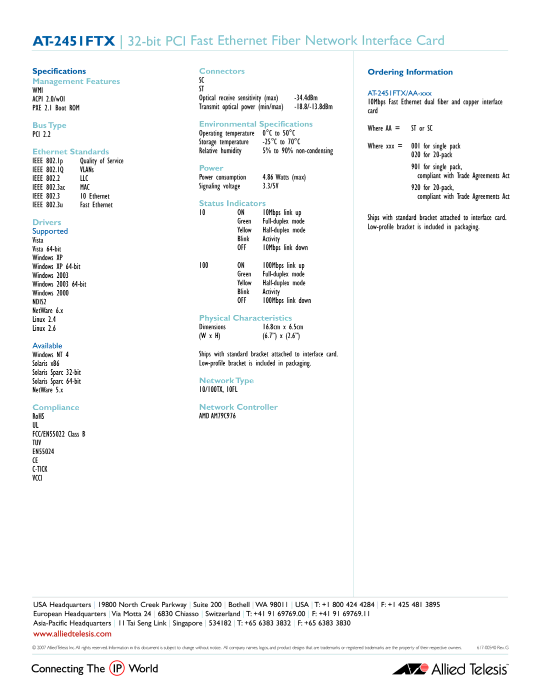 Allied Telesis AT-2451FTX manual Management Features, Bus Type, Ethernet Standards, Drivers, Compliance, Connectors, Power 