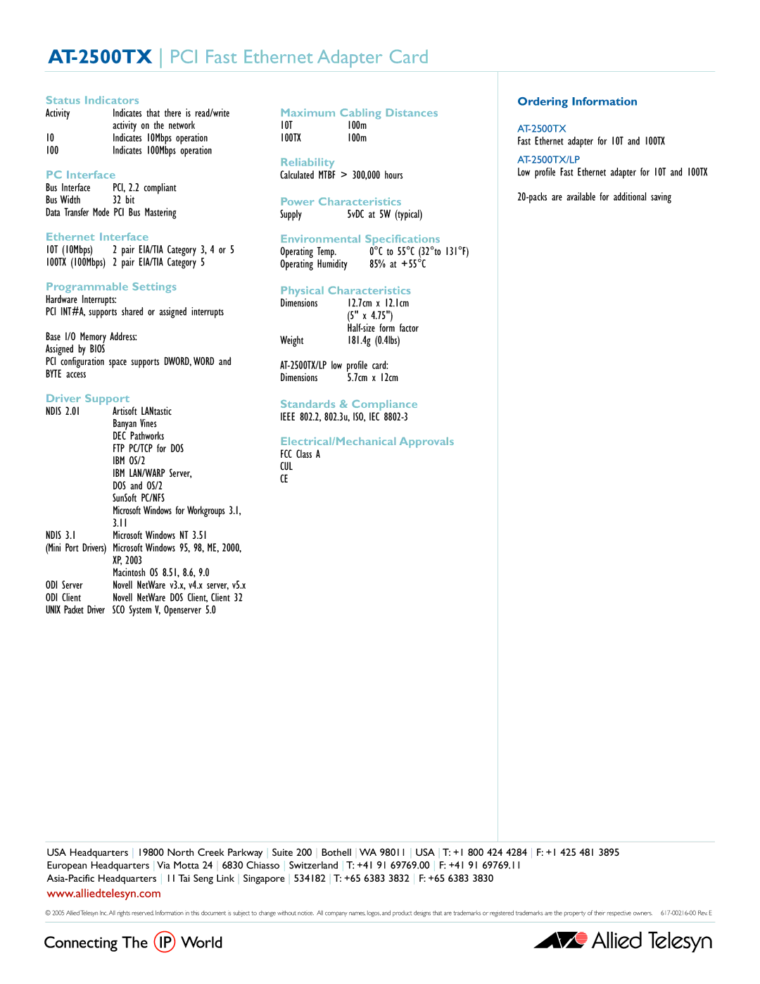 Allied Telesis AT-2500TX Status Indicators, PC Interface, Ethernet Interface, Programmable Settings, Driver Support 