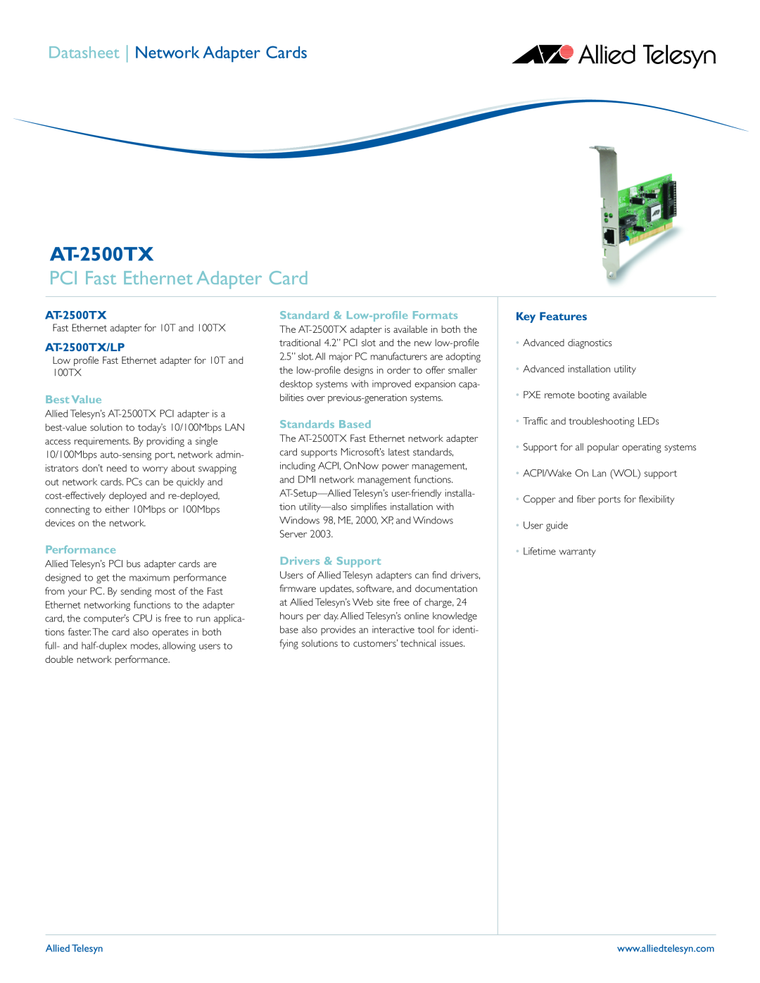 Allied Telesis warranty PCI Fast Ethernet Adapter Card, AT-2500TX/LP, Key Features, Datasheet Network Adapter Cards 