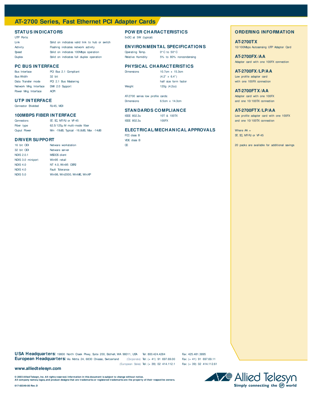 Allied Telesis AT-2700 series Environmental Specifications, PC BUS Interface Physical Characteristics, AT-2700FX/LP/AA 