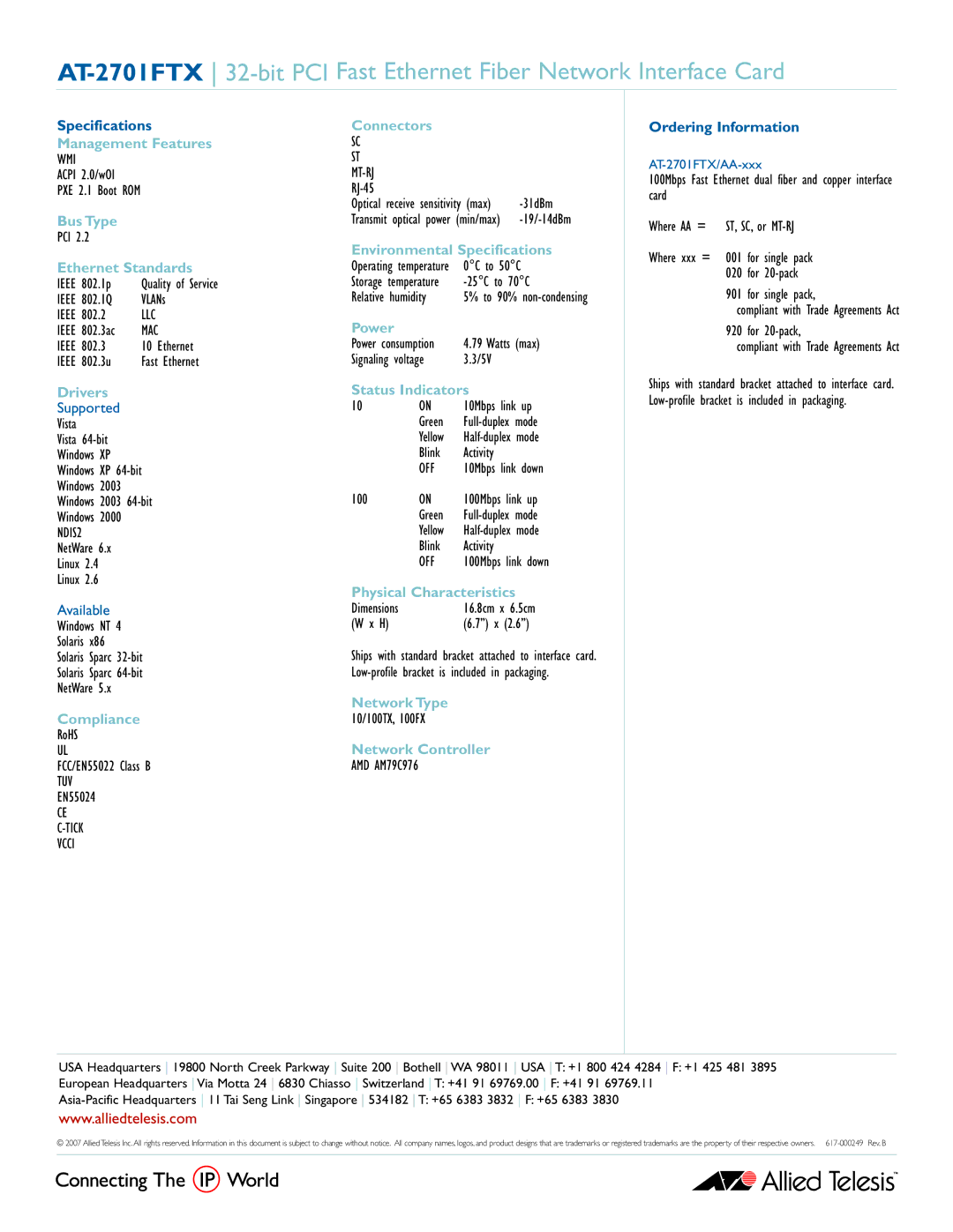 Allied Telesis AT-2701FTX manual Management Features, Bus Type, Ethernet Standards, Drivers, Compliance, Connectors, Power 