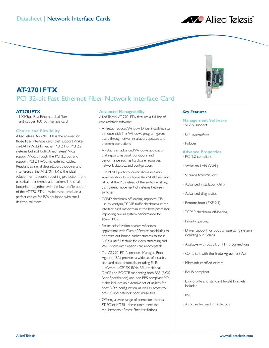 Allied Telesis AT-2701FTX manual PCI 32-bit Fast Ethernet Fiber Network Interface Card, Datasheet Network Interface Cards 