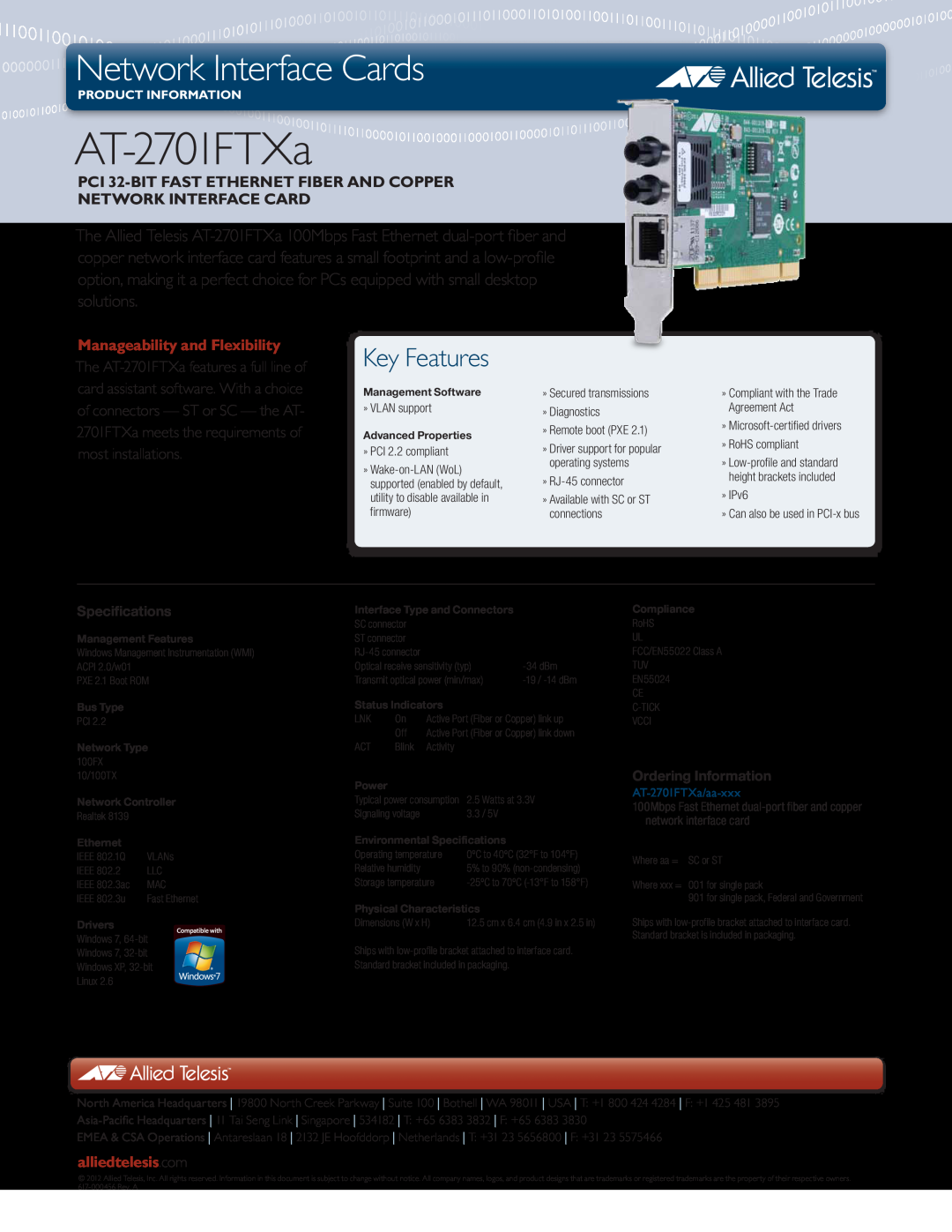 Allied Telesis AT-2701FTXA/ST-901 specifications AT-2701FTXa, Network Interface Cards, Key Features, alliedtelesis.com 