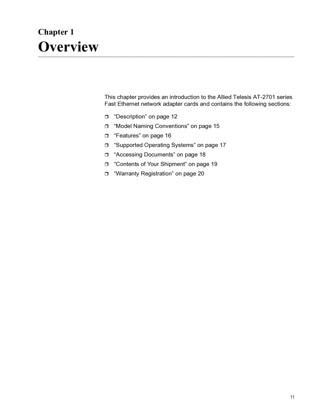 Allied Telesis AT-2701FTXA/SC, AT-2701FXA/ST, AT-2701FXA/SC, AT-2701FTXA/ST manual Overview, Chapter 