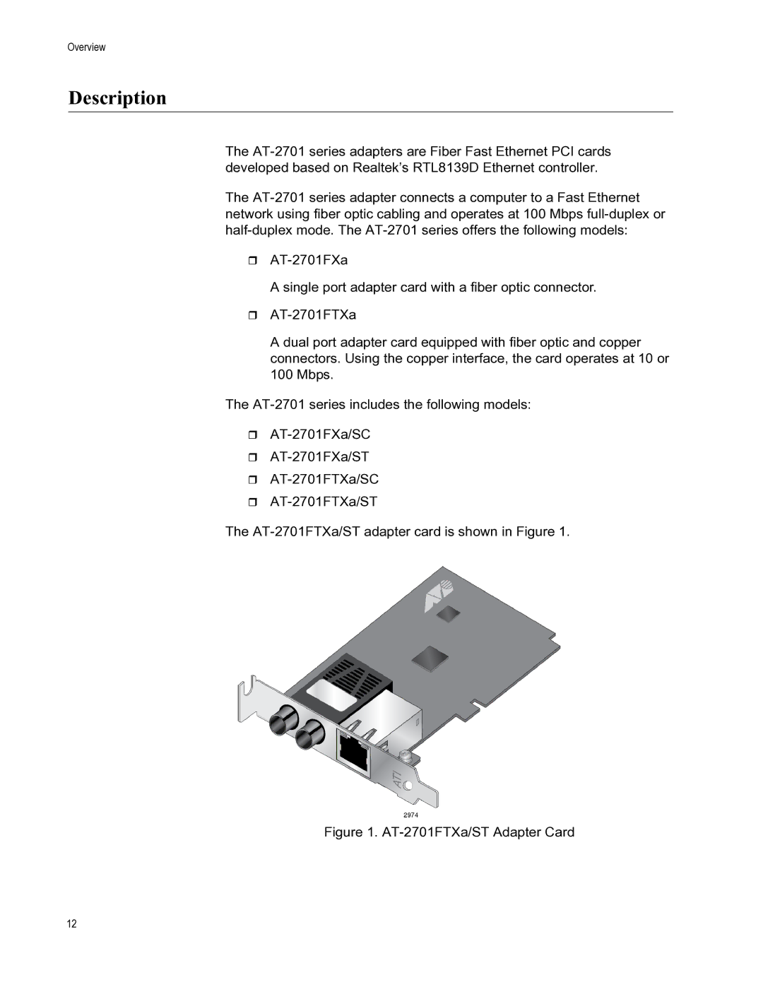 Allied Telesis AT-2701FXA/ST, AT-2701FXA/SC, AT-2701FTXA/ST, AT-2701FTXA/SC manual Description, AT-2701FTXa/ST Adapter Card 