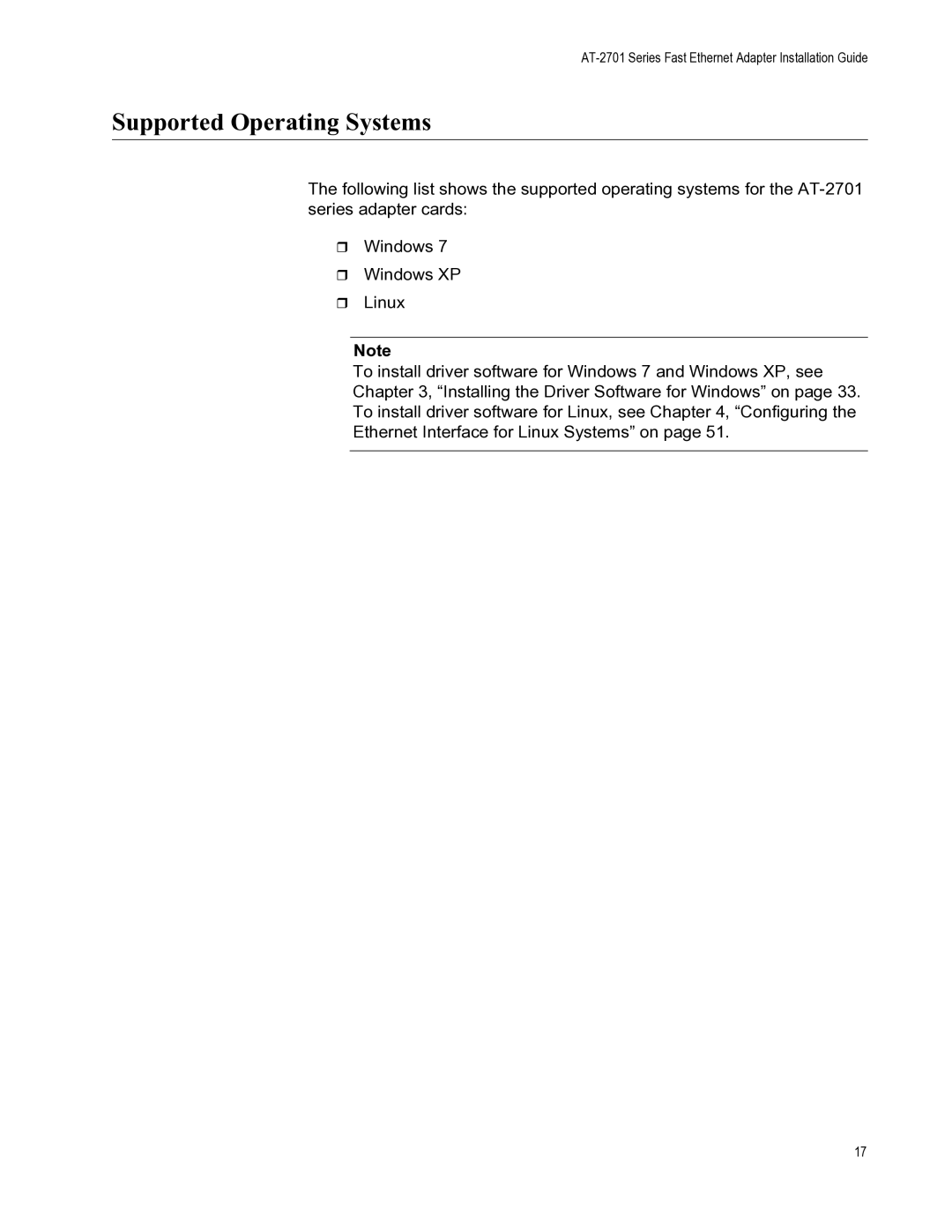 Allied Telesis AT-2701FXA/SC, AT-2701FXA/ST, AT-2701FTXA/ST, AT-2701FTXA/SC manual Supported Operating Systems 