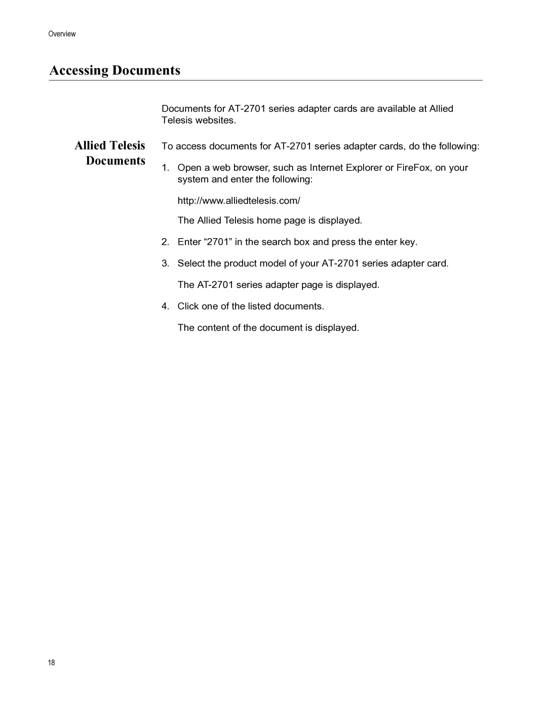 Allied Telesis AT-2701FTXA/ST, AT-2701FXA/ST, AT-2701FXA/SC, AT-2701FTXA/SC Accessing Documents, Allied Telesis Documents 