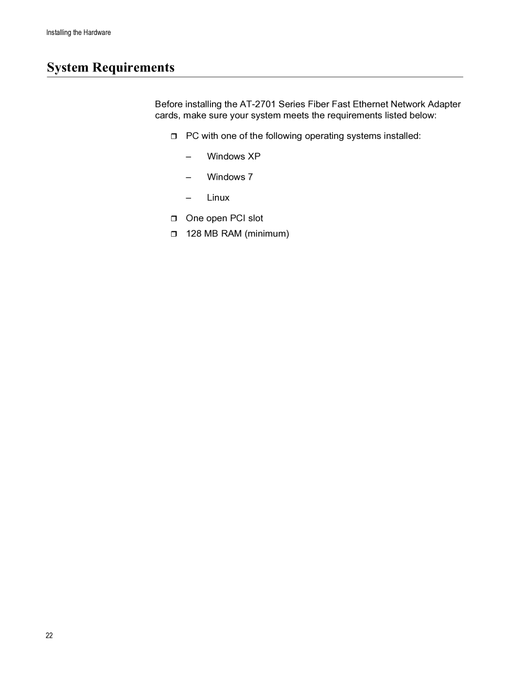 Allied Telesis AT-2701FTXA/ST, AT-2701FXA/ST, AT-2701FXA/SC, AT-2701FTXA/SC manual System Requirements 