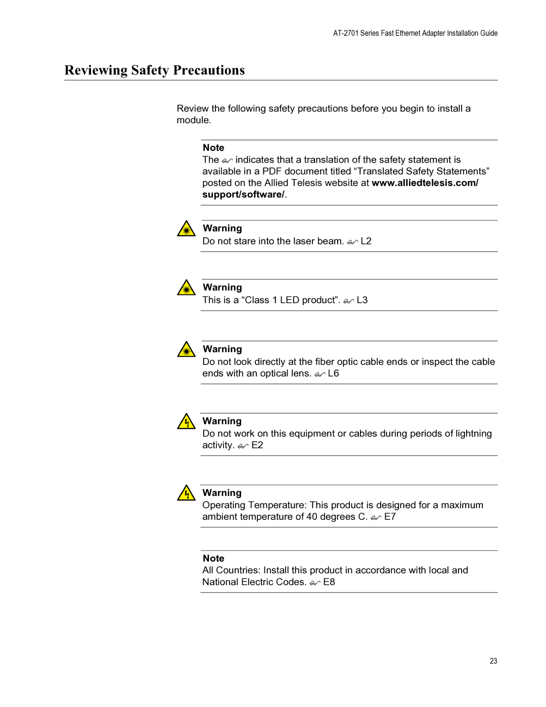 Allied Telesis AT-2701FTXA/SC, AT-2701FXA/ST, AT-2701FXA/SC, AT-2701FTXA/ST manual Reviewing Safety Precautions 