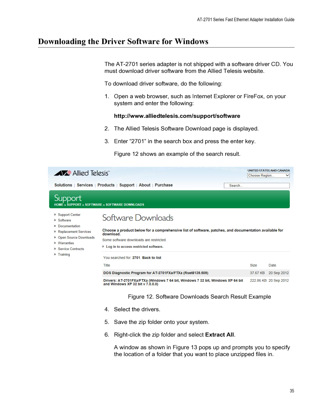 Allied Telesis AT-2701FTXA/SC manual Downloading the Driver Software for Windows, Shows an example of the search result 