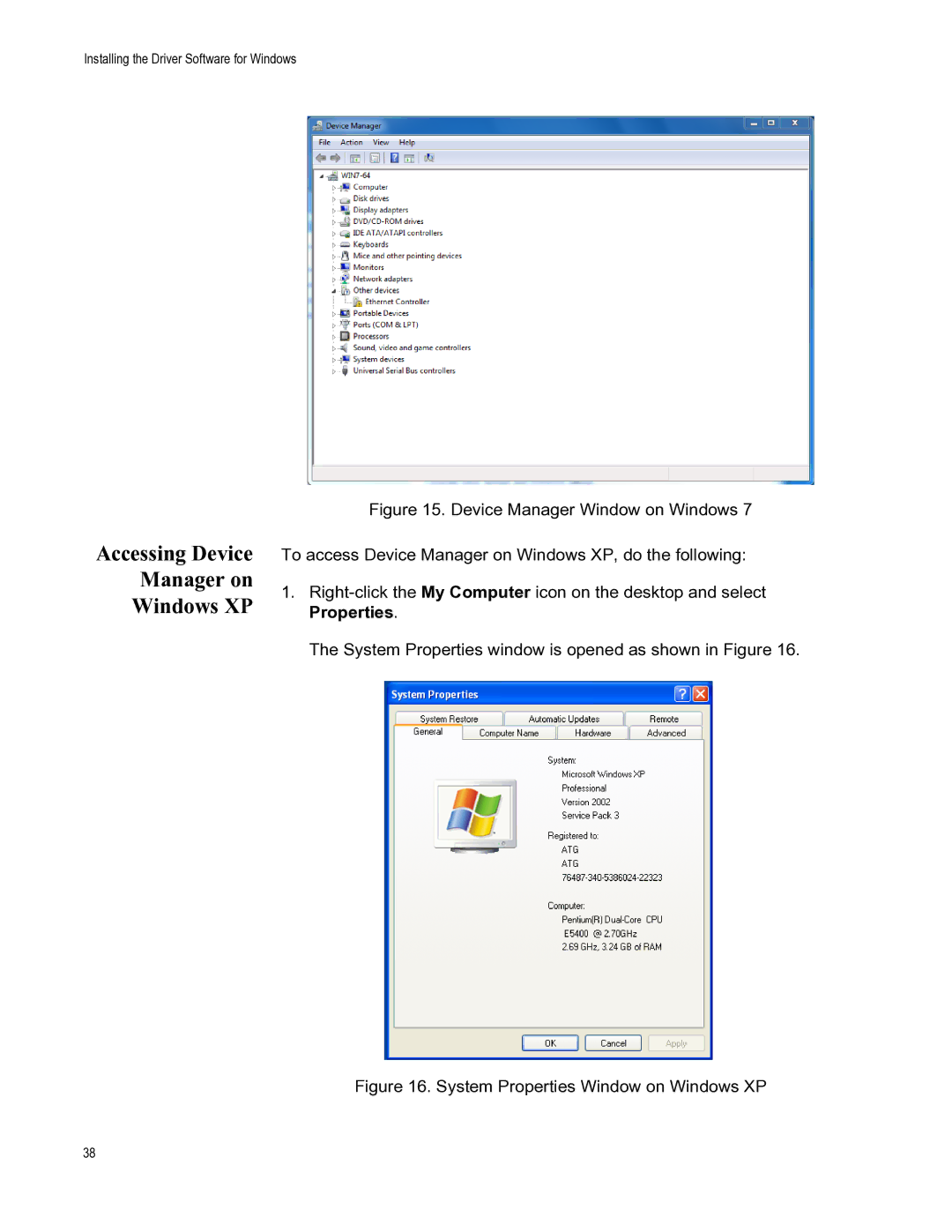 Allied Telesis AT-2701FTXA/ST manual Accessing Device Manager on Windows XP, System Properties Window on Windows XP 