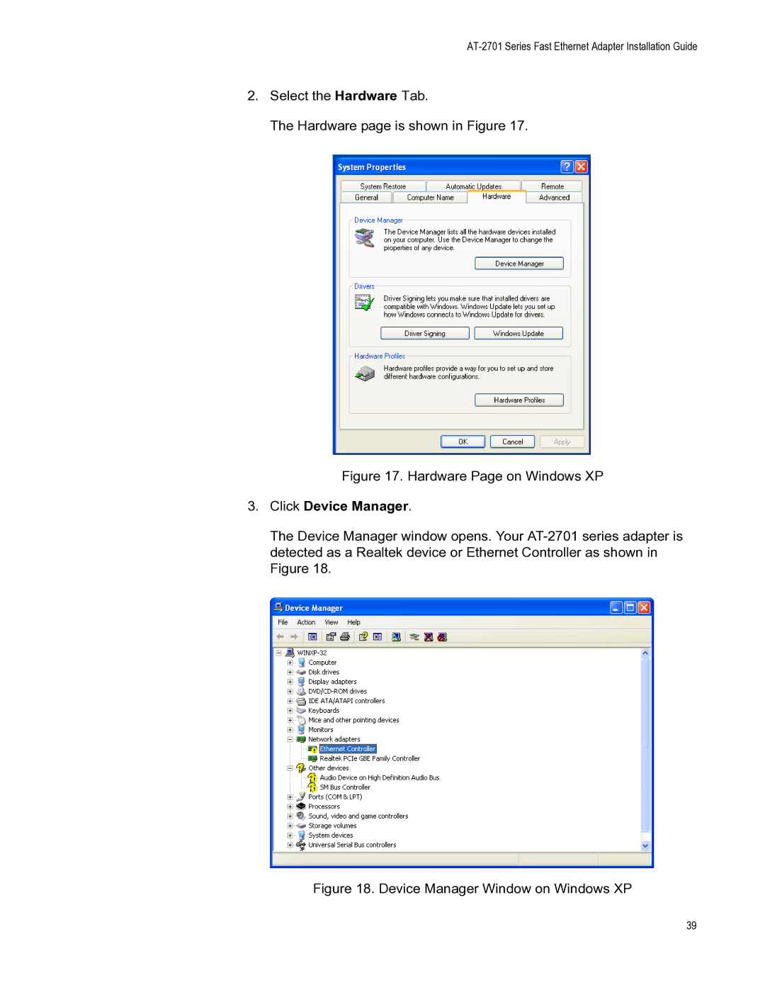 Allied Telesis AT-2701FTXA/SC, AT-2701FXA/ST, AT-2701FXA/SC manual Hardware Page on Windows XP, Click Device Manager 