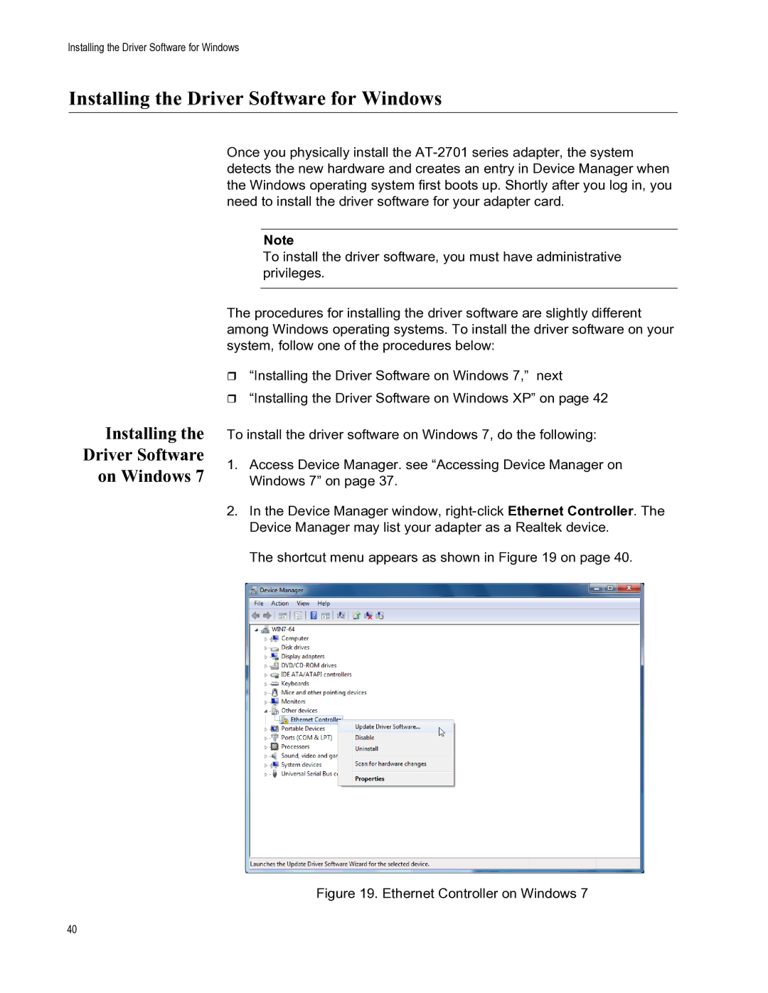 Allied Telesis AT-2701FXA/ST manual Installing the Driver Software for Windows, Installing Driver Software On Windows 