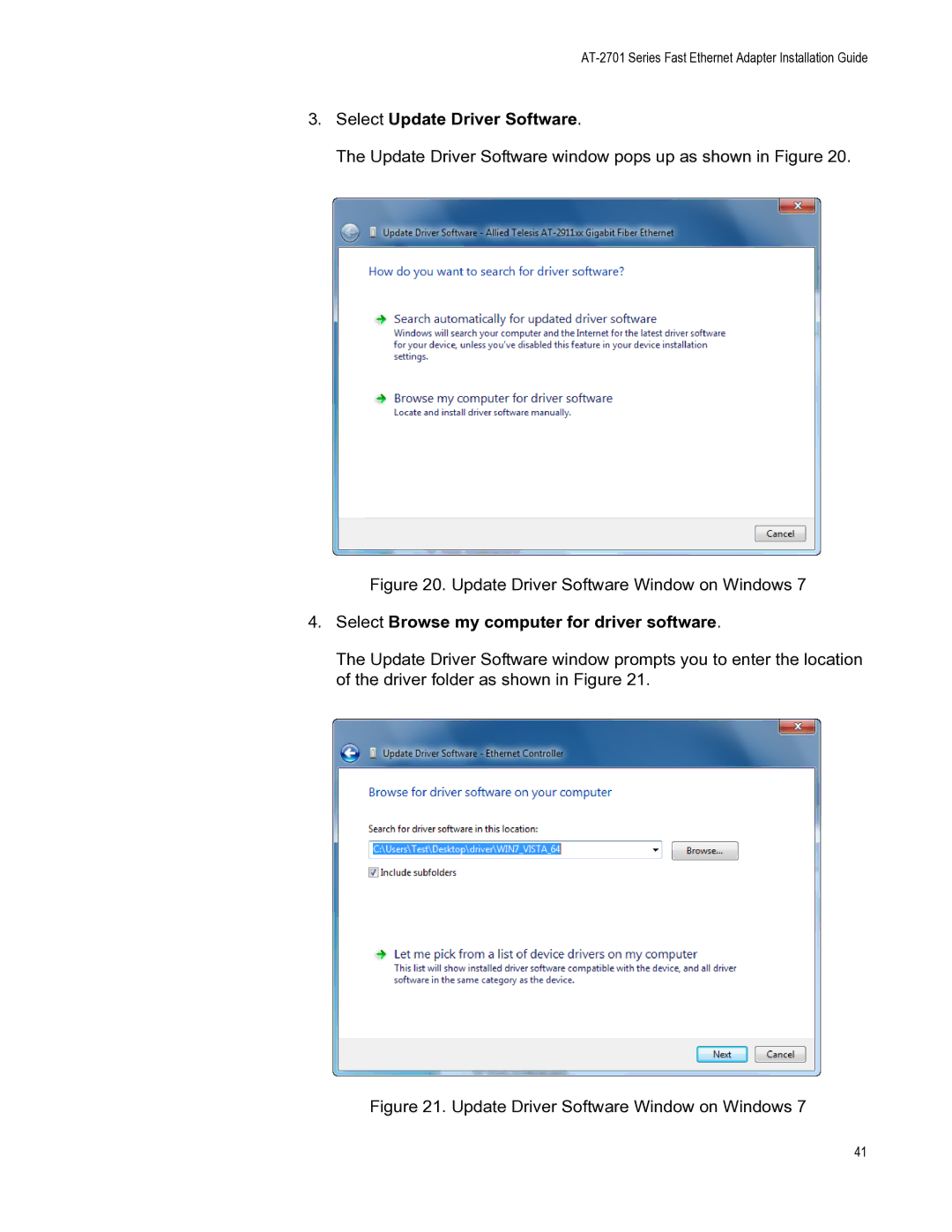 Allied Telesis AT-2701FXA/SC, AT-2701FXA/ST Select Update Driver Software, Select Browse my computer for driver software 