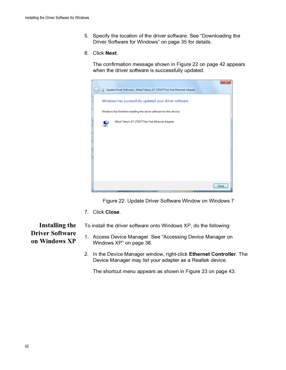 Allied Telesis AT-2701FTXA/ST, AT-2701FXA/ST, AT-2701FXA/SC, AT-2701FTXA/SC manual Installing Driver Software On Windows XP 