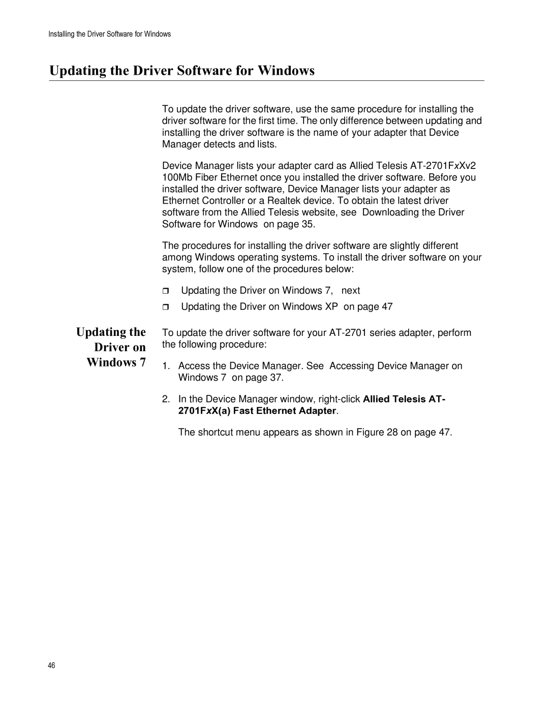 Allied Telesis AT-2701FTXA/ST, AT-2701FXA/ST manual Updating the Driver Software for Windows, Updating Driver on Windows 