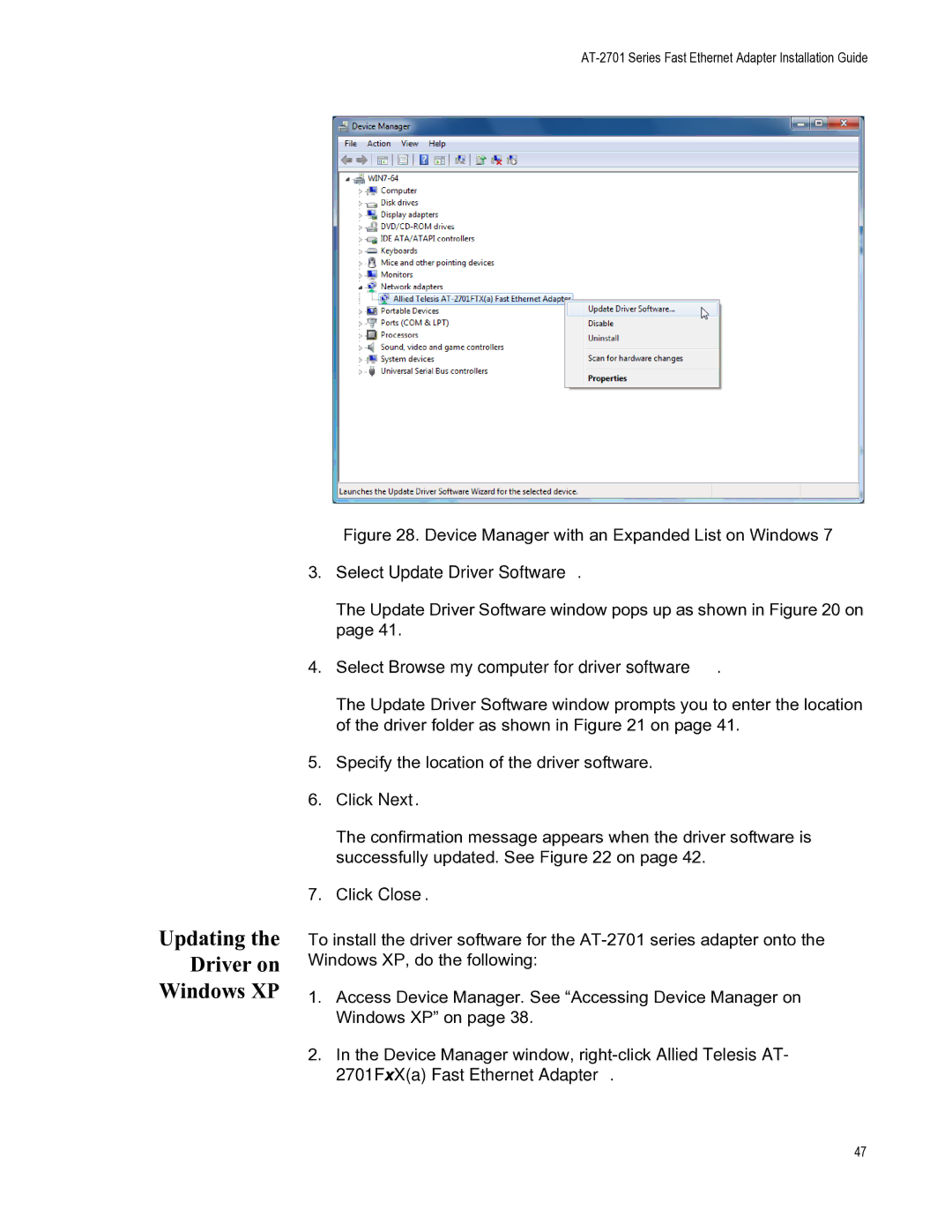 Allied Telesis AT-2701FTXA/SC manual Updating Driver on Windows XP, Device Manager with an Expanded List on Windows 