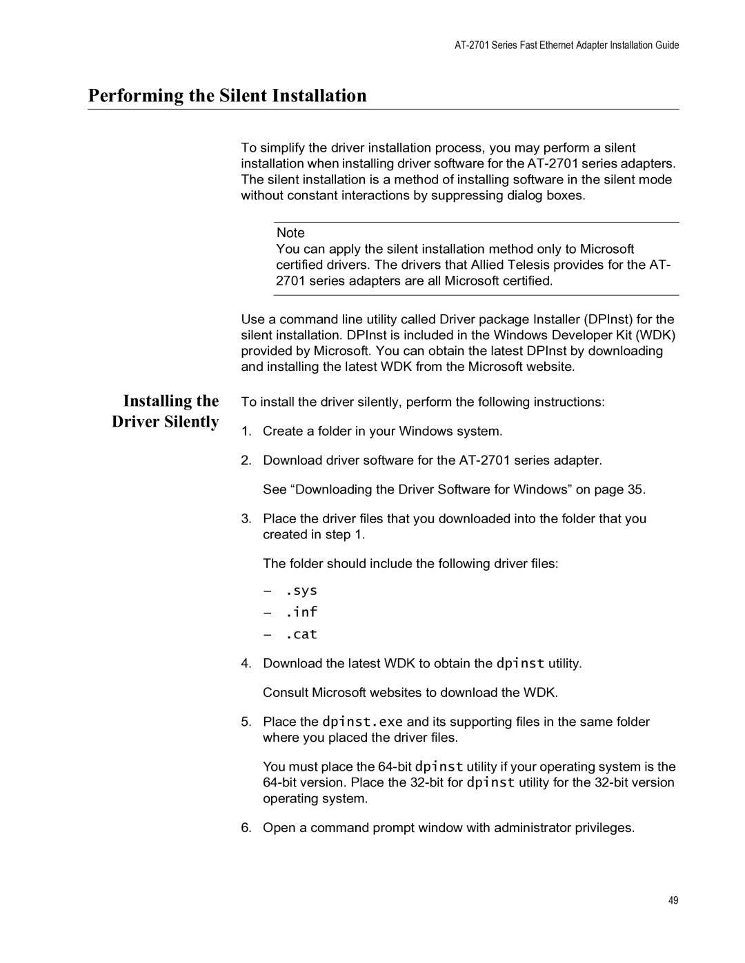 Allied Telesis AT-2701FXA/SC, AT-2701FXA/ST manual Performing the Silent Installation, Installing the Driver Silently 