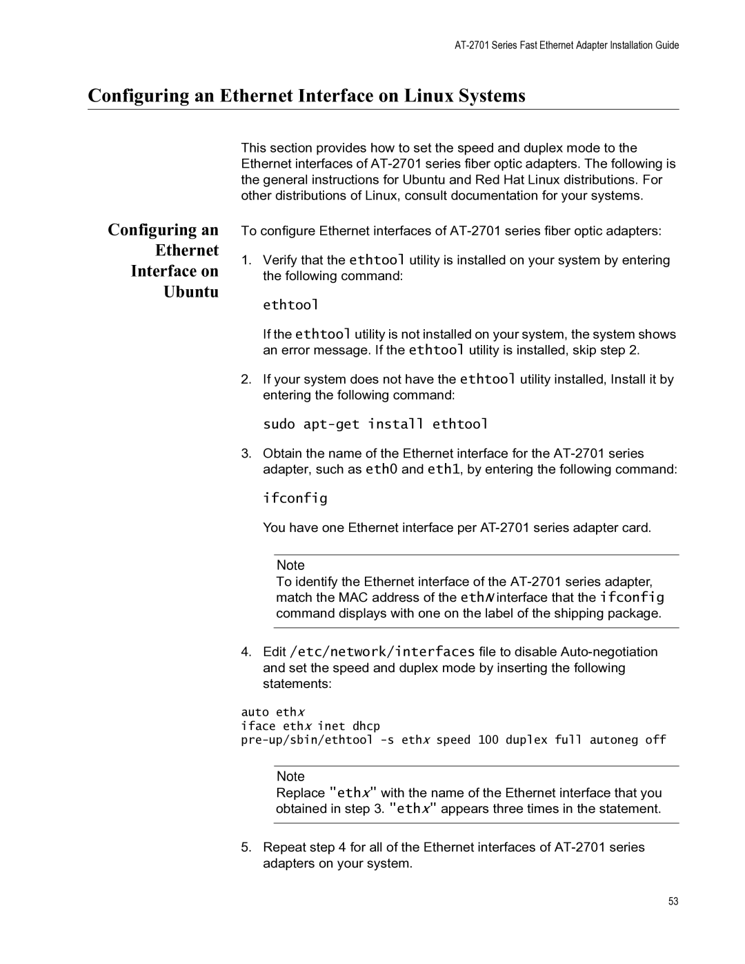 Allied Telesis AT-2701FXA/SC, AT-2701FXA/ST, AT-2701FTXA/ST manual Configuring an Ethernet Interface on Linux Systems 