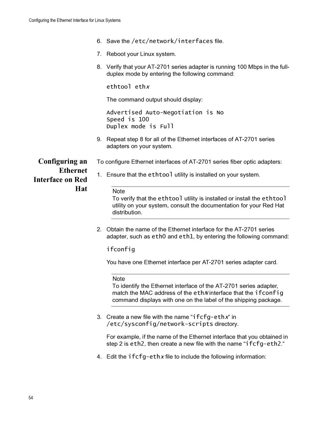 Allied Telesis AT-2701FTXA/ST manual Configuring an Ethernet Interface on Red Hat, Save the /etc/network/interfaces file 