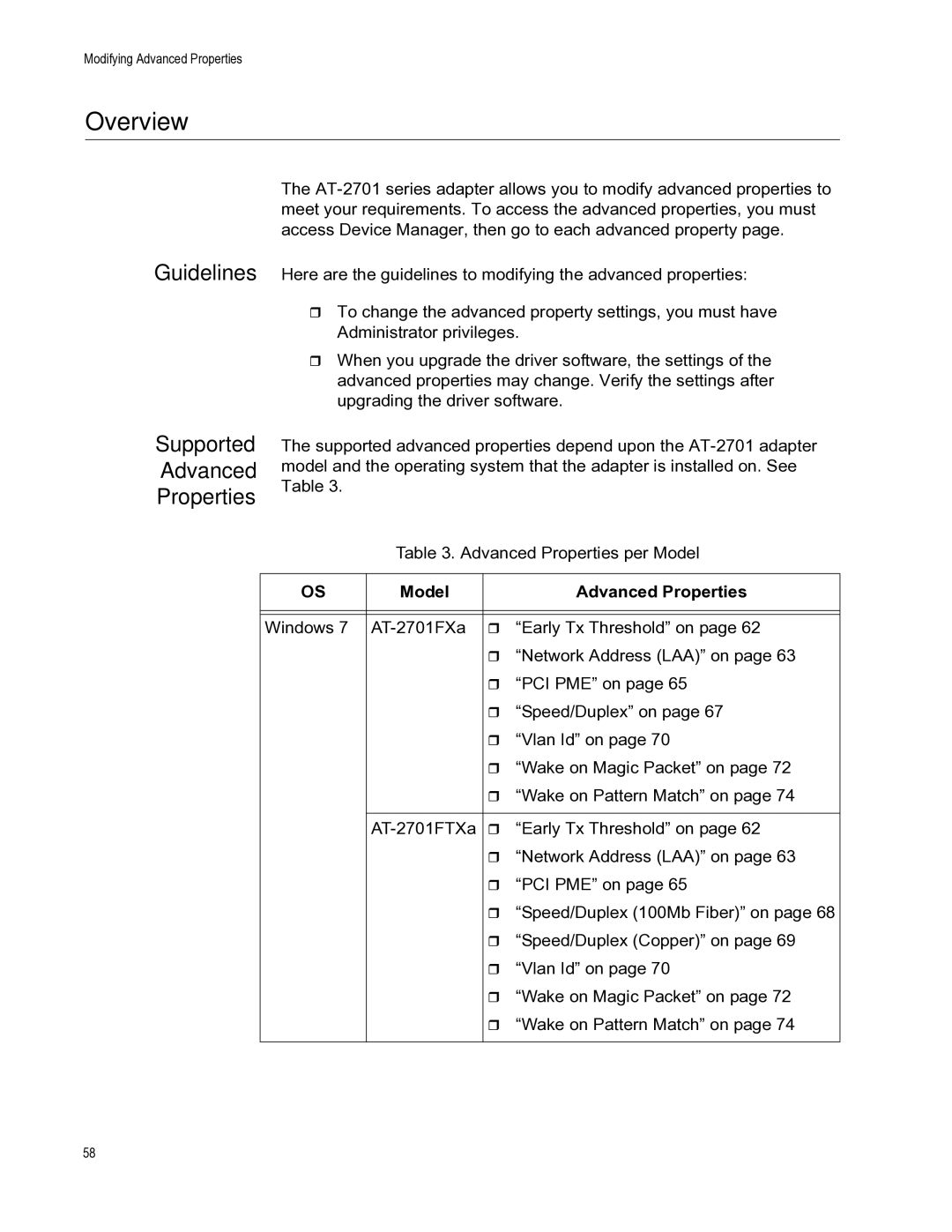 Allied Telesis AT-2701FTXA/ST, AT-2701FXA/ST manual Guidelines Supported Advanced Properties, Model Advanced Properties 