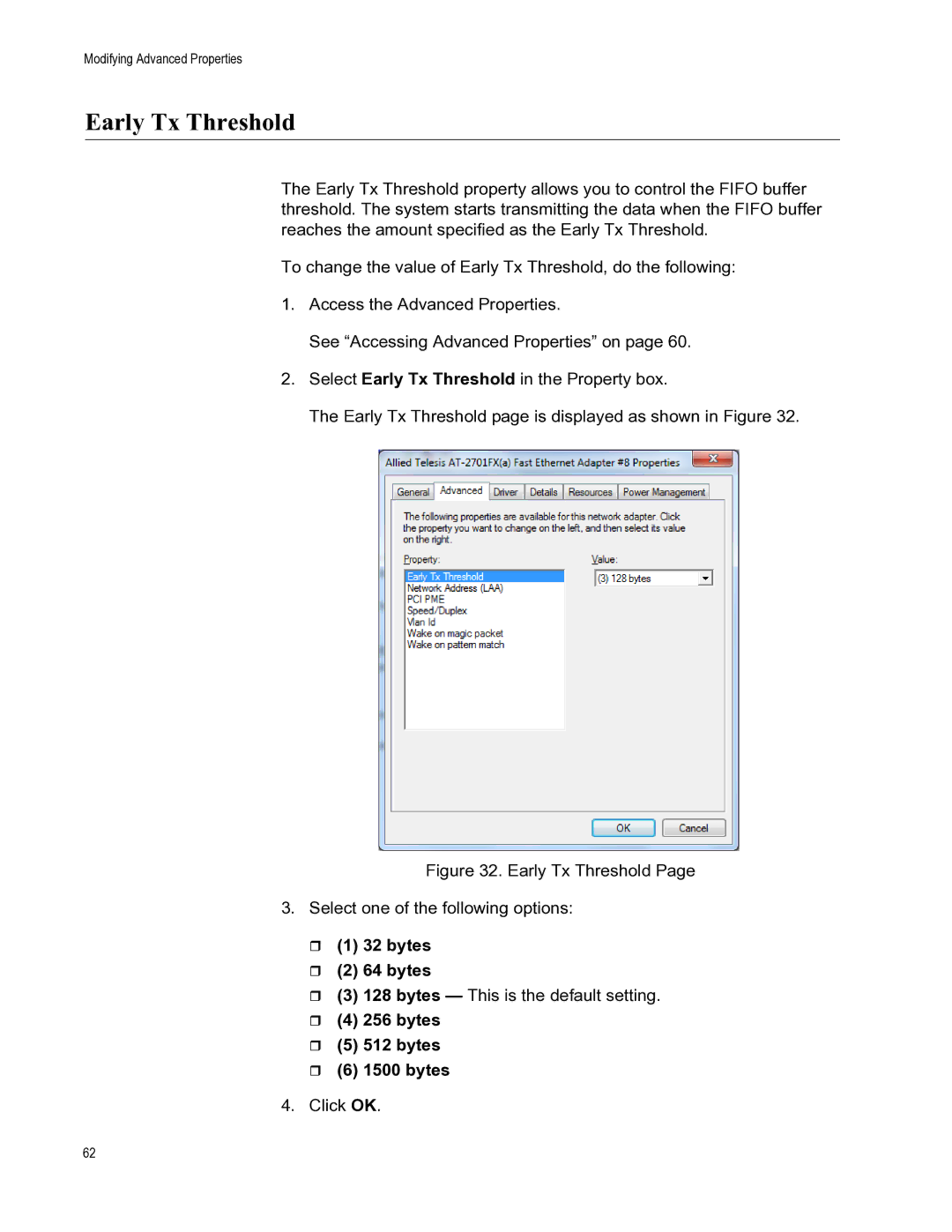 Allied Telesis AT-2701FTXA/ST Early Tx Threshold,  1 32 bytes  2 64 bytes,  4 256 bytes  5 512 bytes  6 1500 bytes 