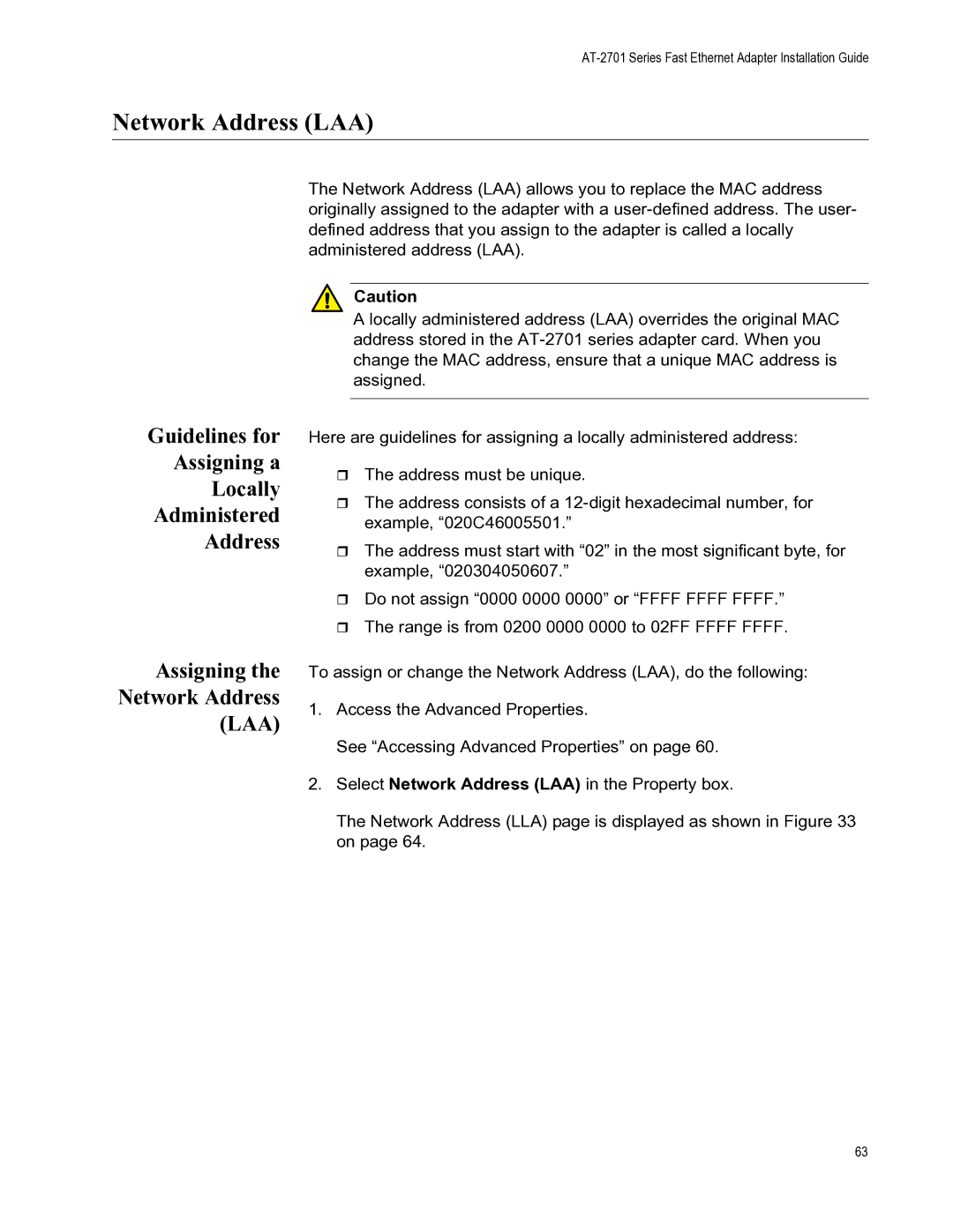 Allied Telesis AT-2701FTXA/SC, AT-2701FXA/ST, AT-2701FXA/SC, AT-2701FTXA/ST manual Network Address LAA, Laa 