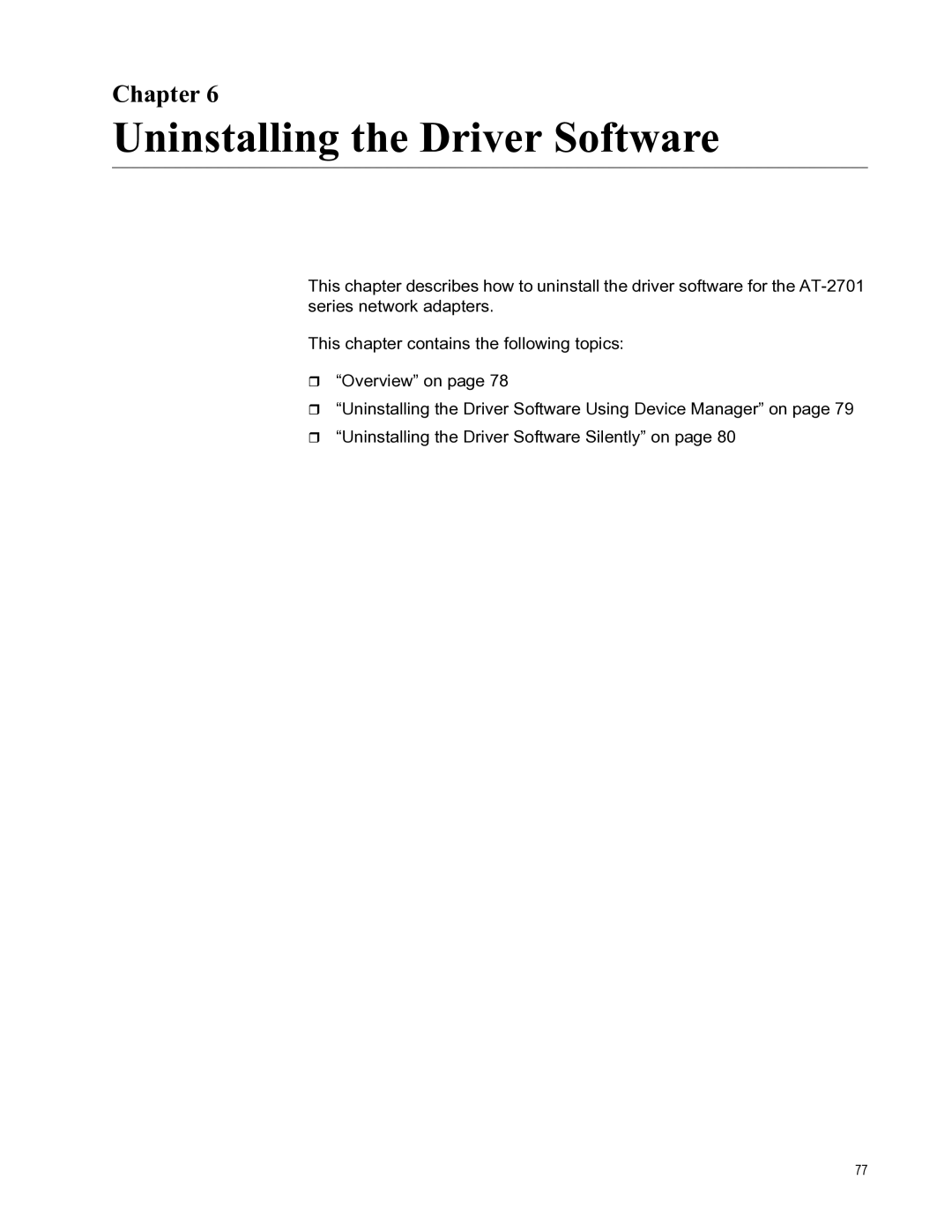 Allied Telesis AT-2701FXA/SC, AT-2701FXA/ST, AT-2701FTXA/ST, AT-2701FTXA/SC manual Uninstalling the Driver Software, Chapter 