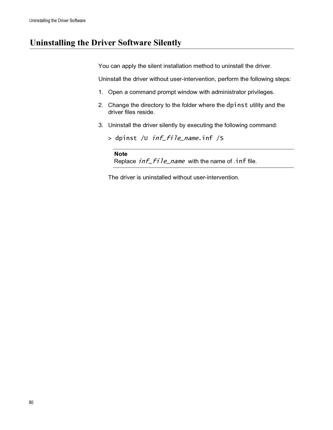 Allied Telesis AT-2701FXA/ST, AT-2701FXA/SC manual Uninstalling the Driver Software Silently, Dpinst /U inffilename.inf /S 