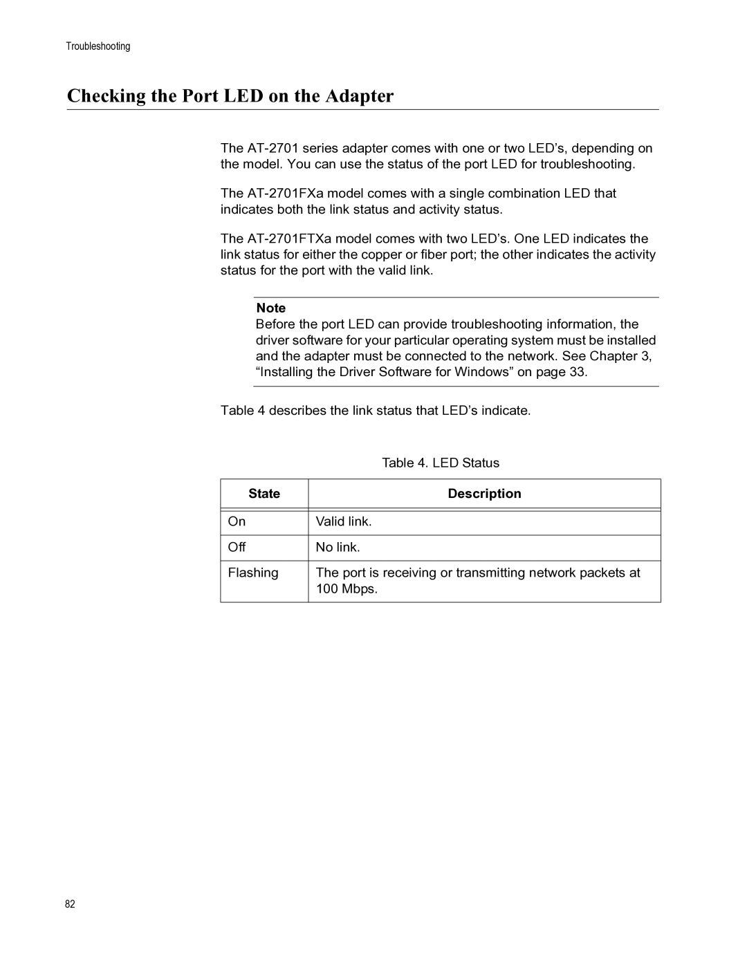 Allied Telesis AT-2701FTXA/ST, AT-2701FXA/ST, AT-2701FXA/SC manual Checking the Port LED on the Adapter, State Description 
