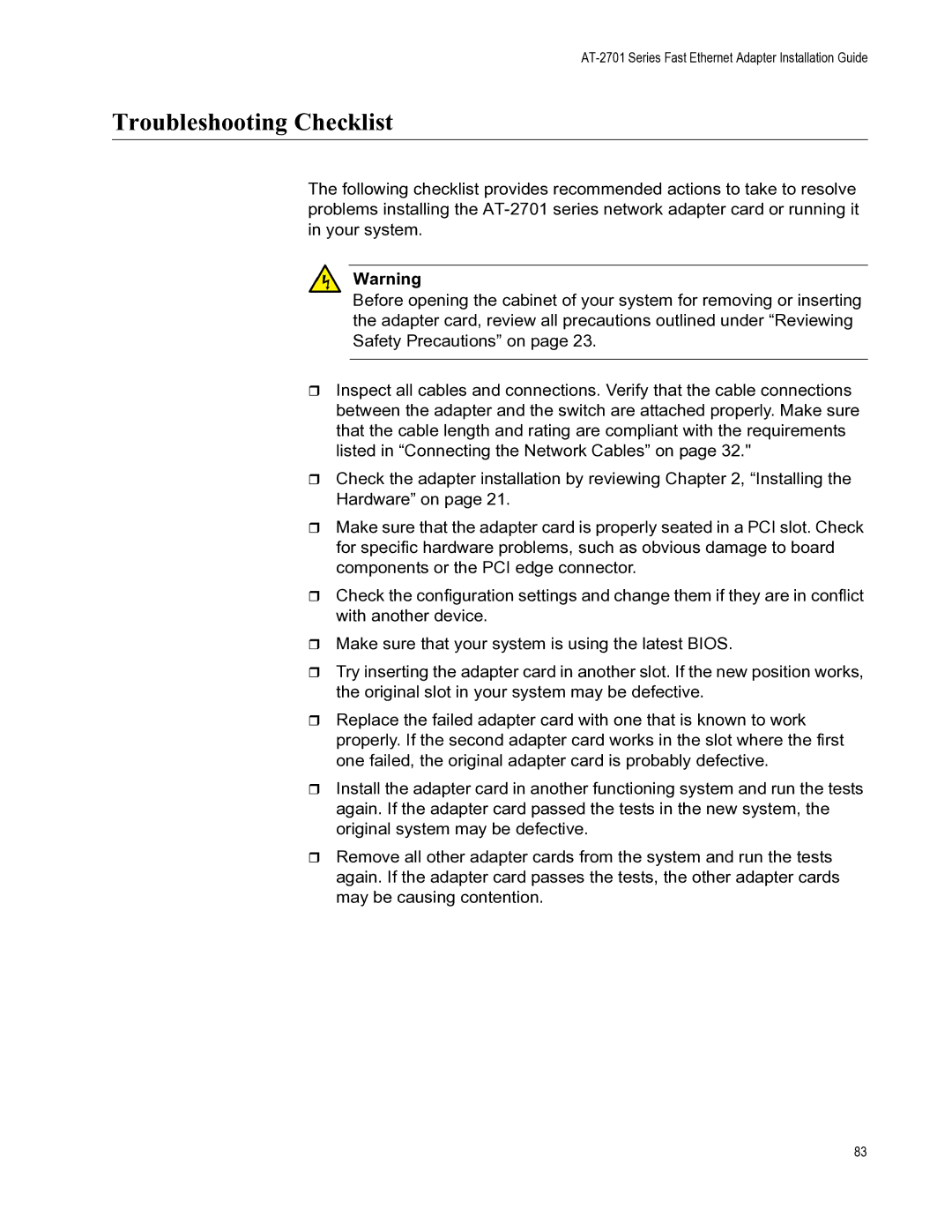 Allied Telesis AT-2701FTXA/SC, AT-2701FXA/ST, AT-2701FXA/SC, AT-2701FTXA/ST manual Troubleshooting Checklist 