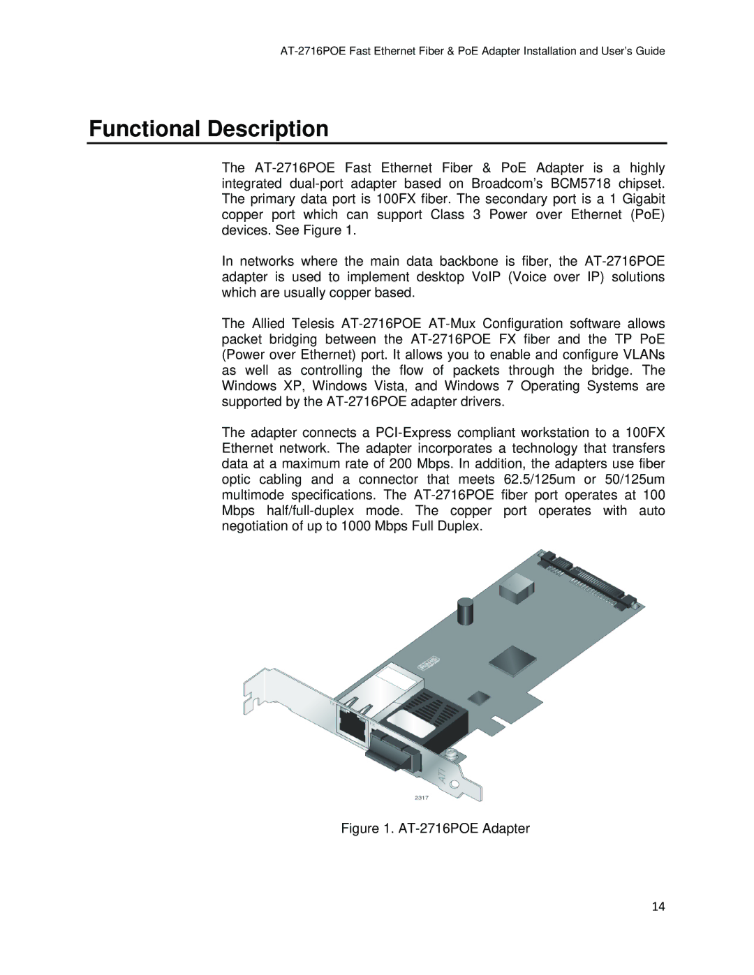 Allied Telesis manual Functional Description, AT-2716POE Adapter 