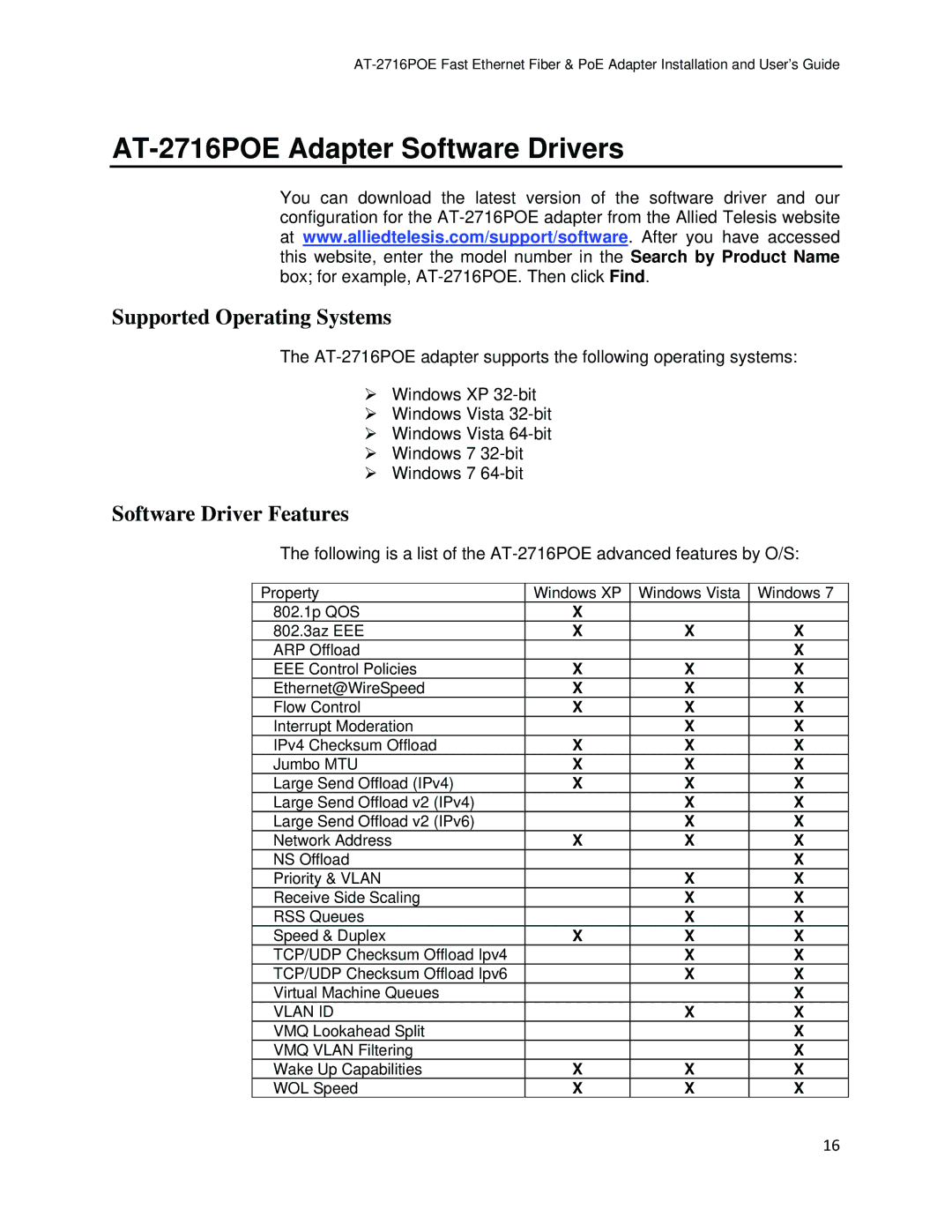 Allied Telesis manual AT-2716POE Adapter Software Drivers, Supported Operating Systems 