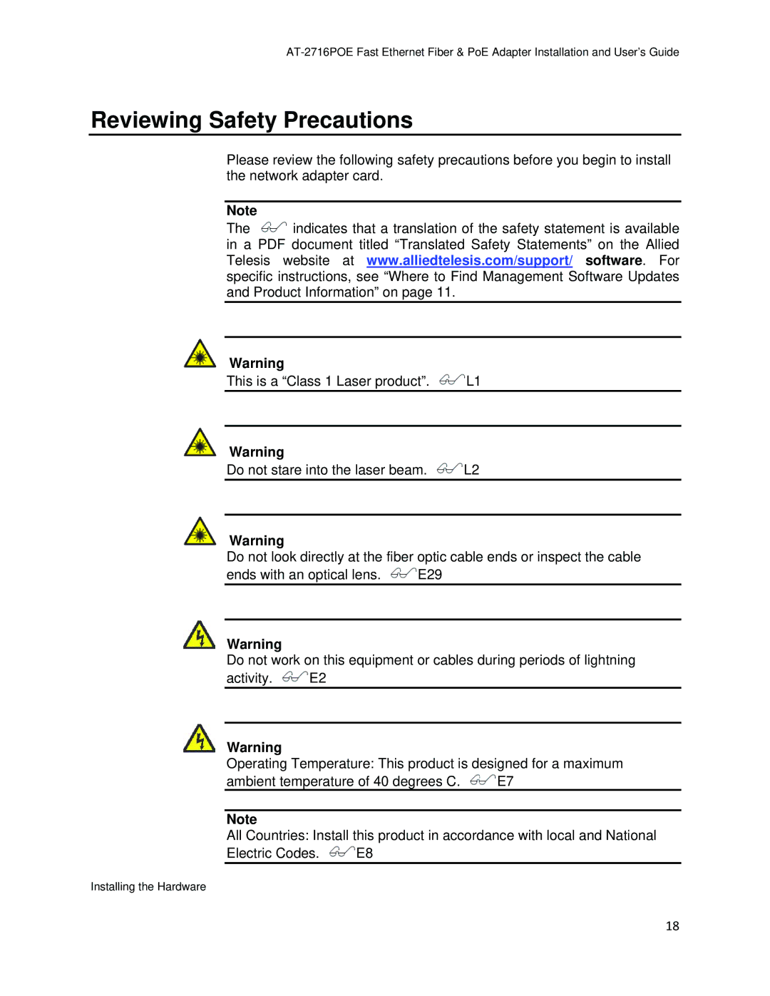 Allied Telesis AT-2716POE manual Reviewing Safety Precautions 