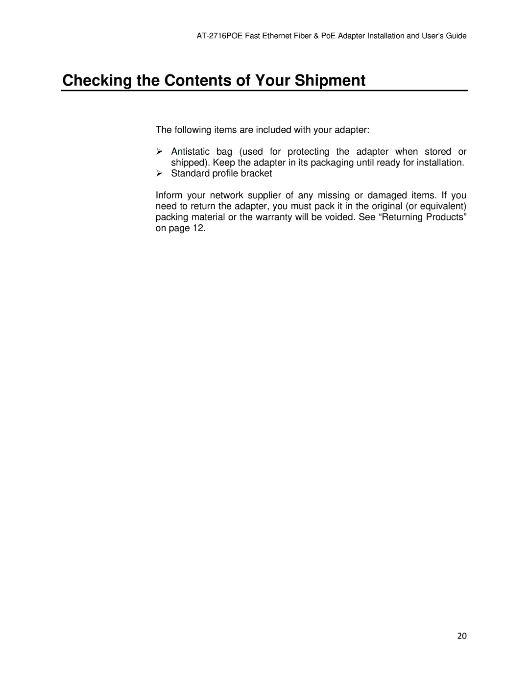 Allied Telesis AT-2716POE manual Checking the Contents of Your Shipment 